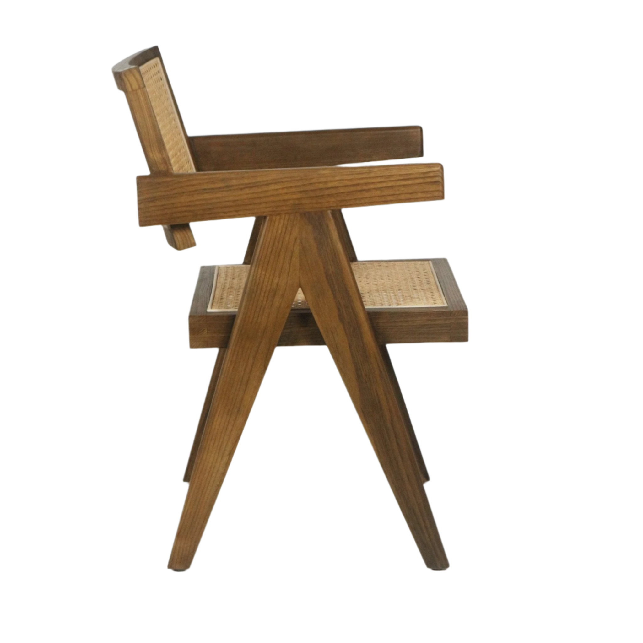 Side profile of a mid-century modern teak dining chair with angled A-frame legs, solid wood frame and rectangular arms, featuring a natural woven cane seat and back in a warm brown wood finish.