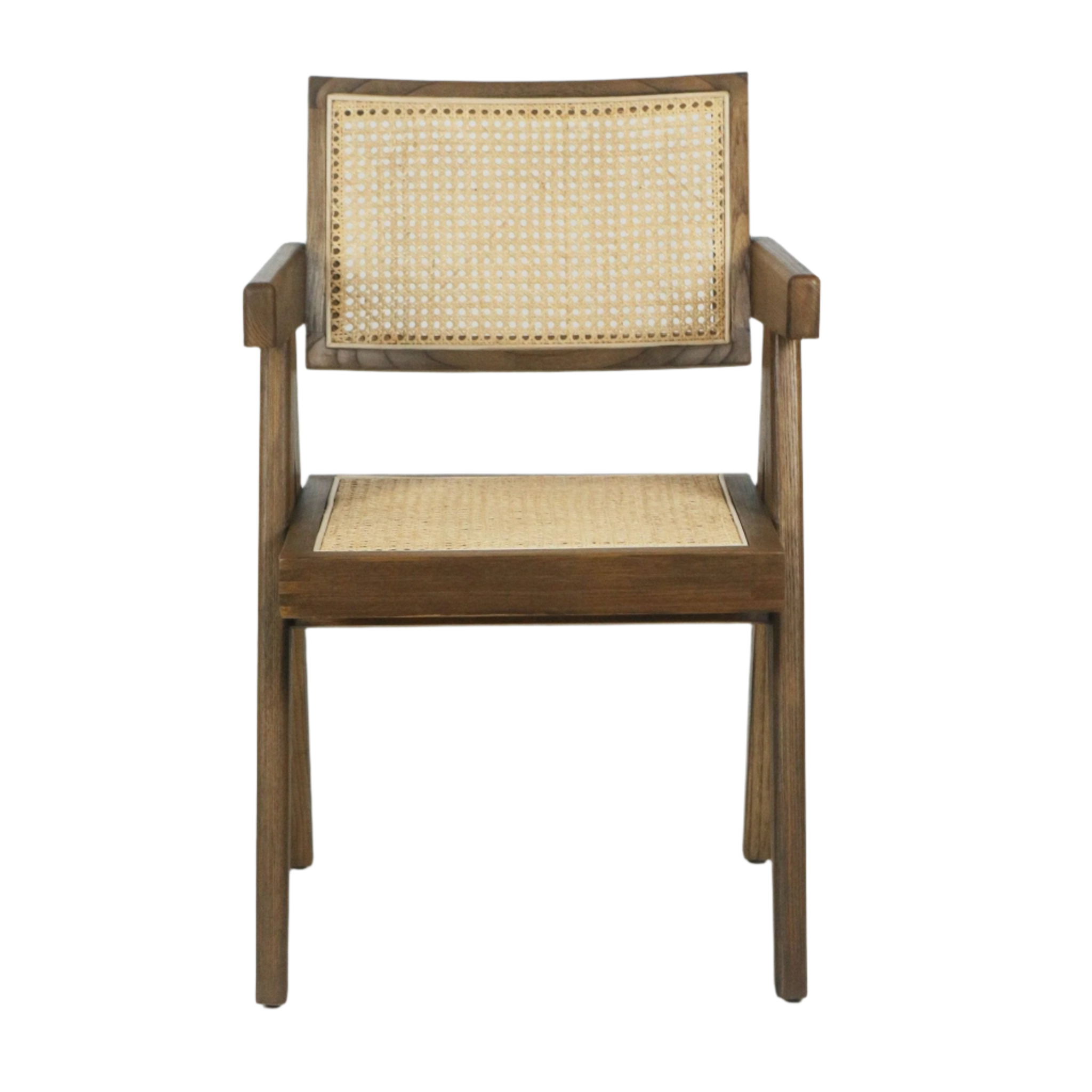 Front view of a mid-century modern teak dining chair with a medium-brown solid wood frame, natural cane-woven back and seat, and squared arms on a white background.