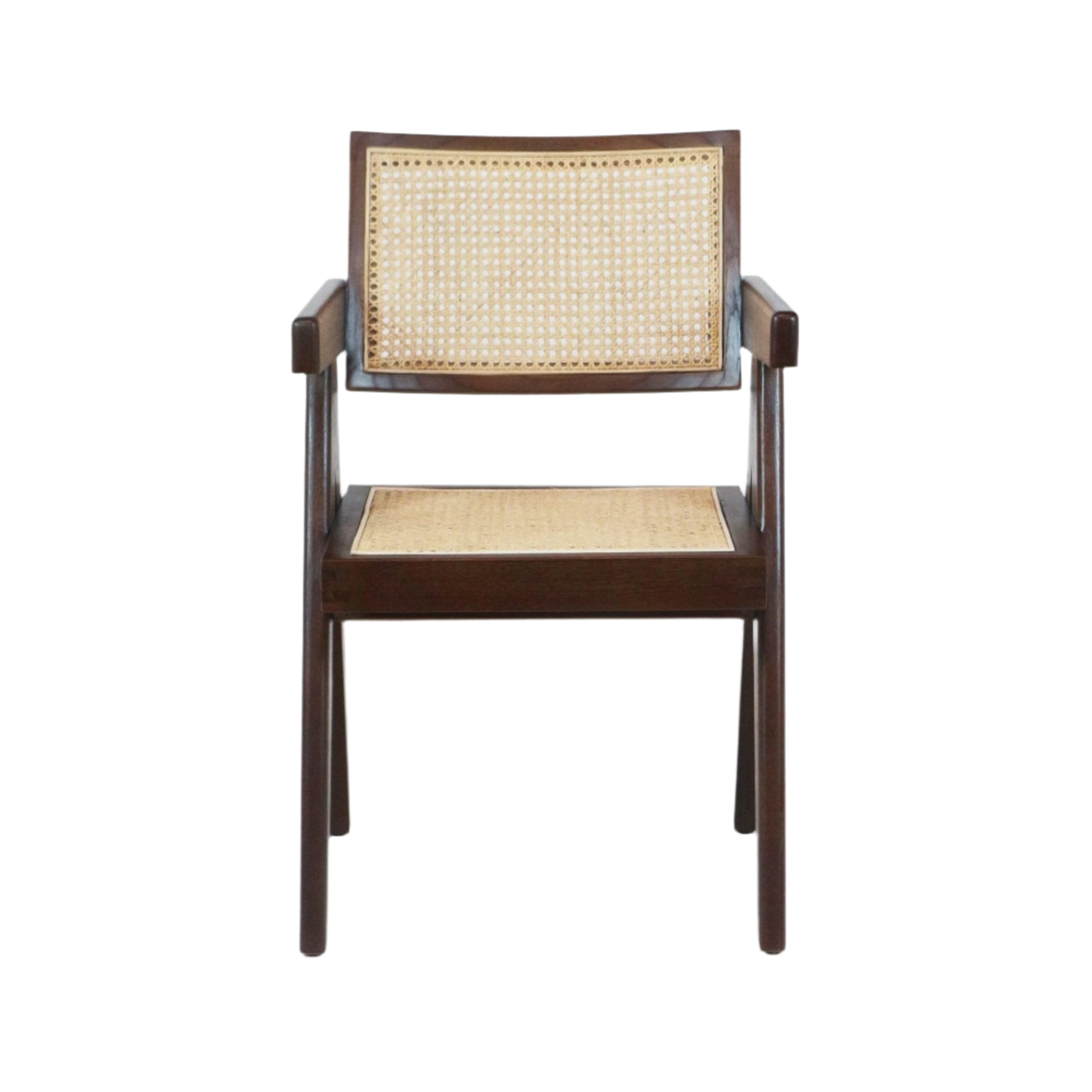 Mid-century modern dining chair with walnut-brown solid wood frame, woven natural cane seat and back, slim squared arms and straight legs on a white background.