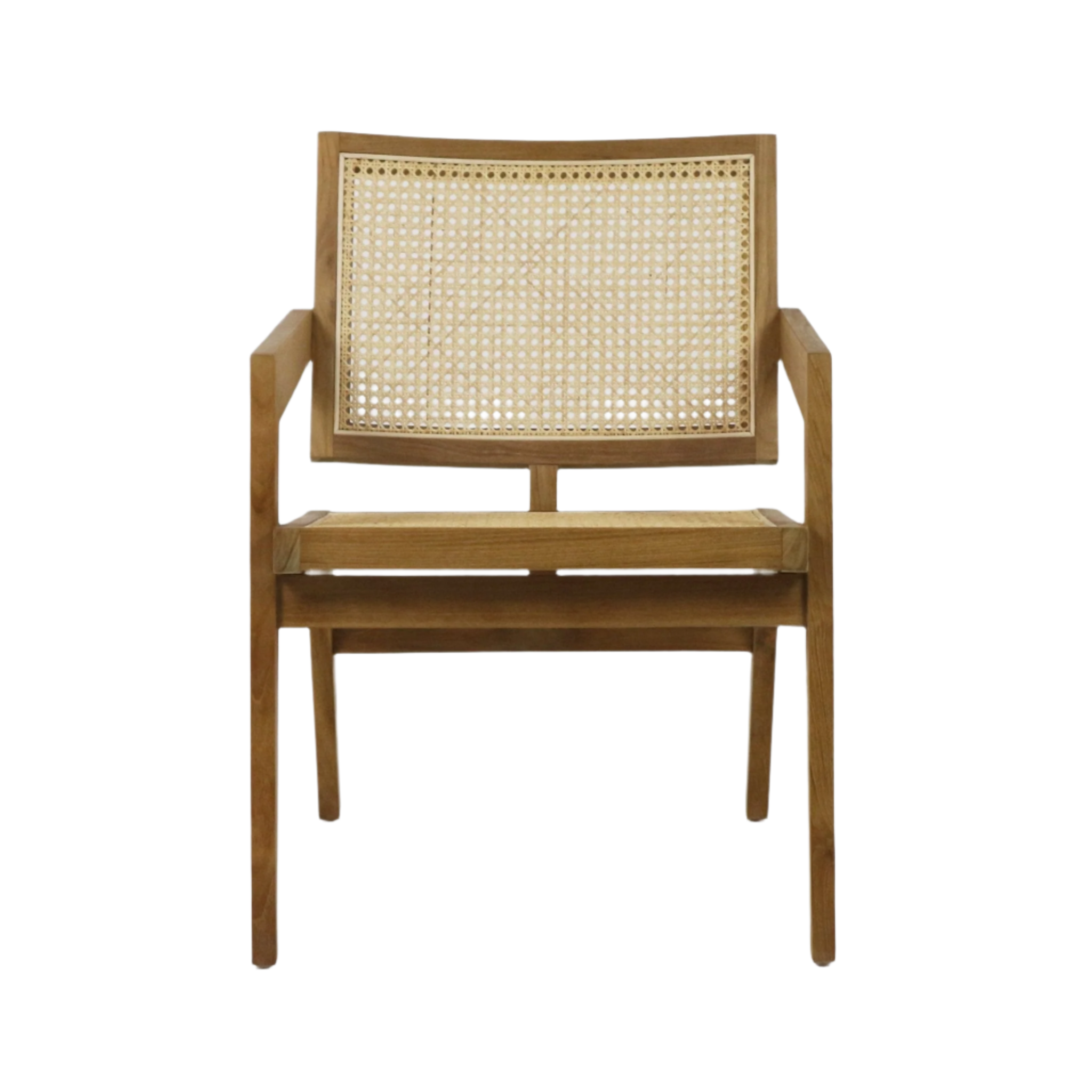 Front view of a mid-century modern lounge chair with a natural teak solid wood frame, woven cane back and seat, and simple angled armrests shown on a white background.