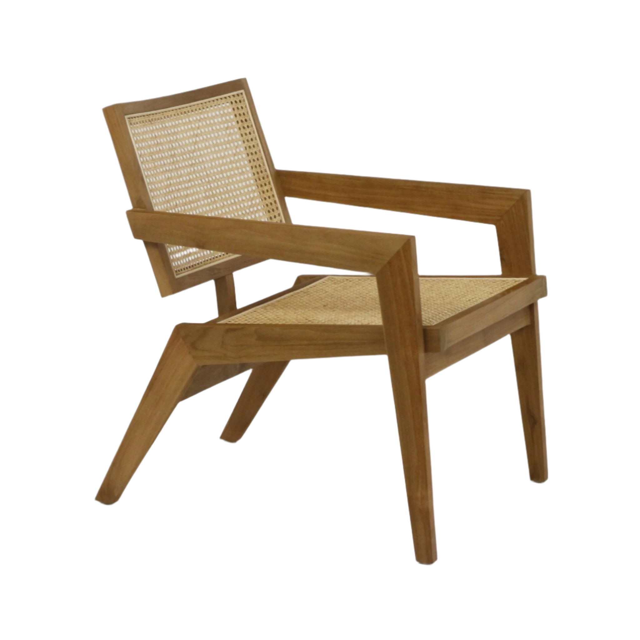 Low mid-century lounge chair with a warm teak solid wood frame and woven cane seat and back, angled legs and rectangular armrests.