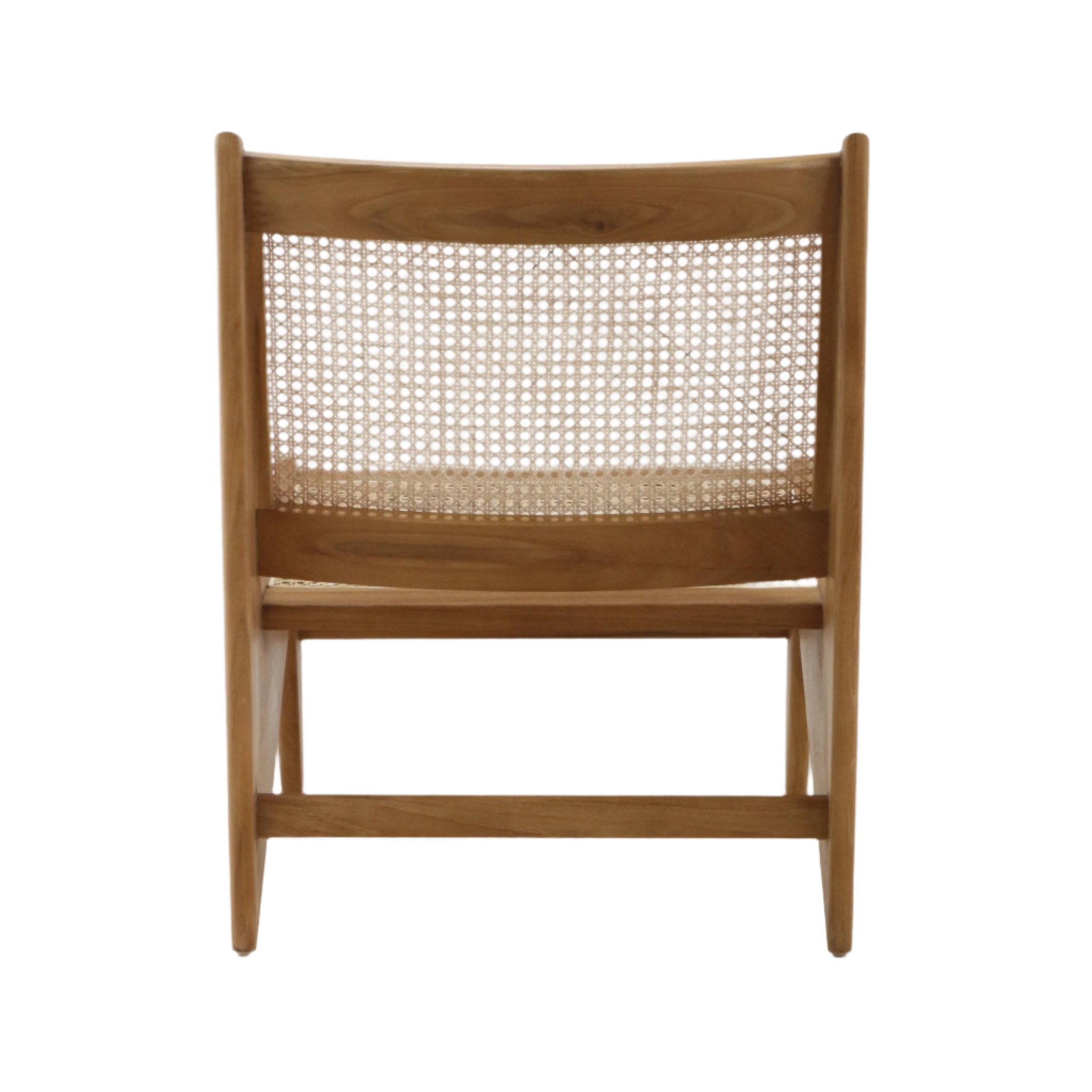 Rear view of a mid-century modern lounge chair with a natural teak solid wood frame and woven cane backrest, armless low-profile design shown on a white background.