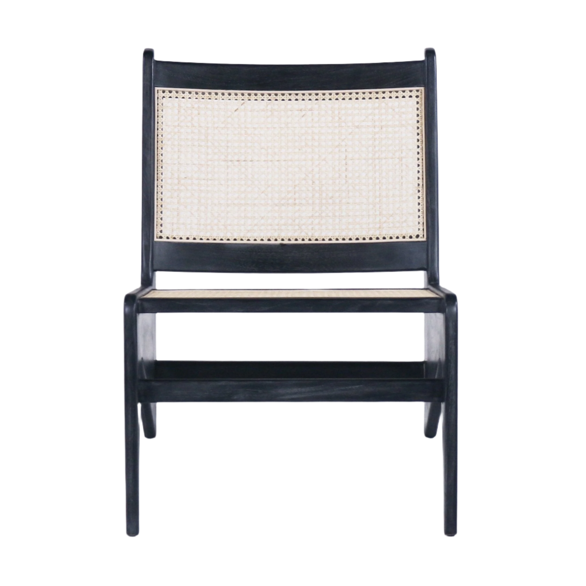 Front-facing armless lounge chair with a smoked-black solid teak frame and natural woven cane seat and back, featuring a low mid-century modern profile ideal for living room accent seating.