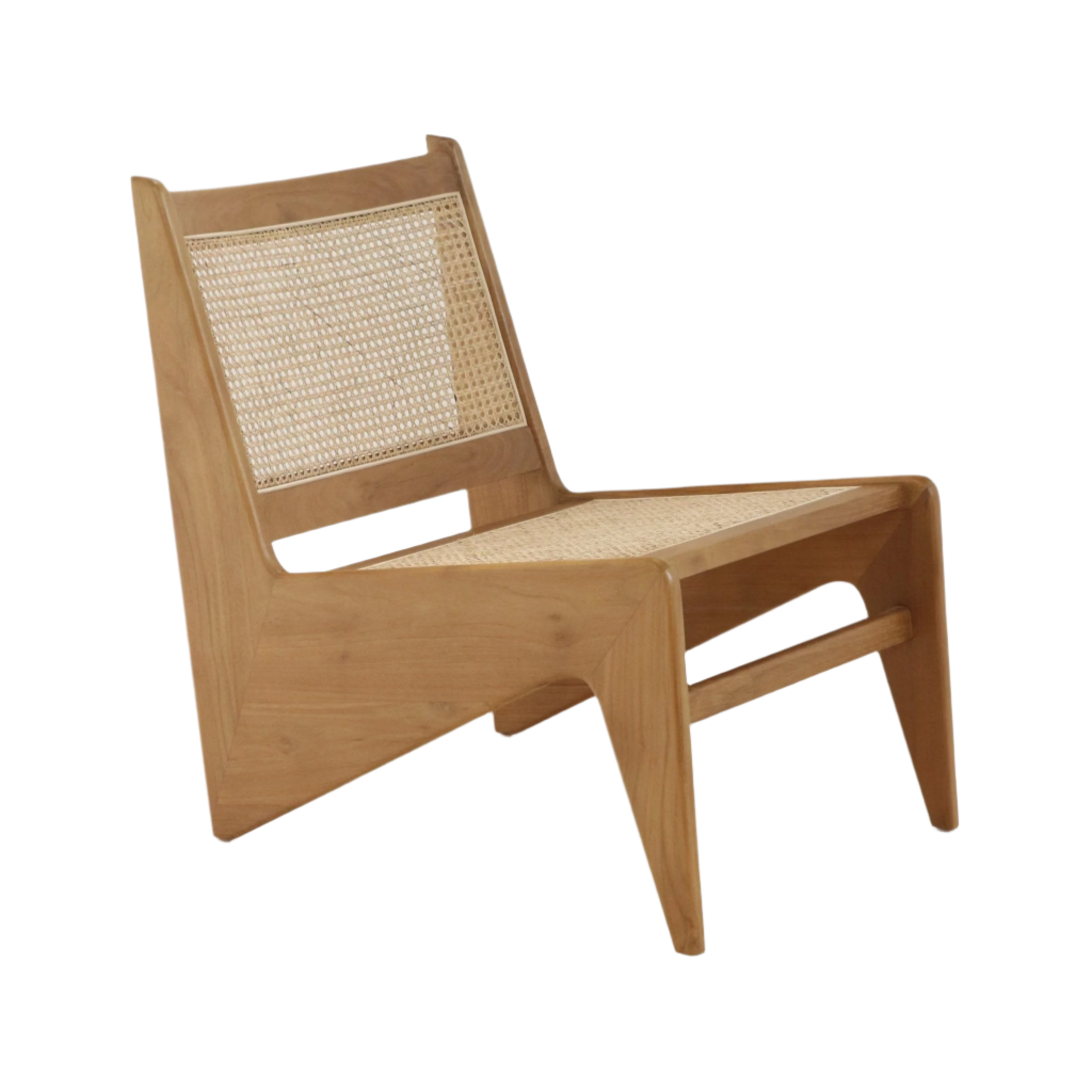 Low mid-century modern lounge chair in warm teak with woven cane seat and back, solid wood frame and a low armless angled silhouette.