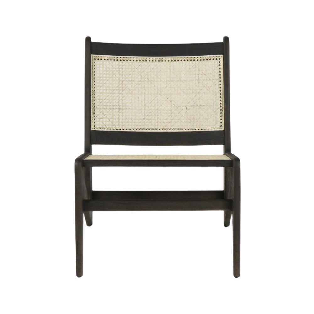 Front view of a low, armless mid-century modern lounge chair with a dark teak solid wood frame and woven natural cane seat and back.