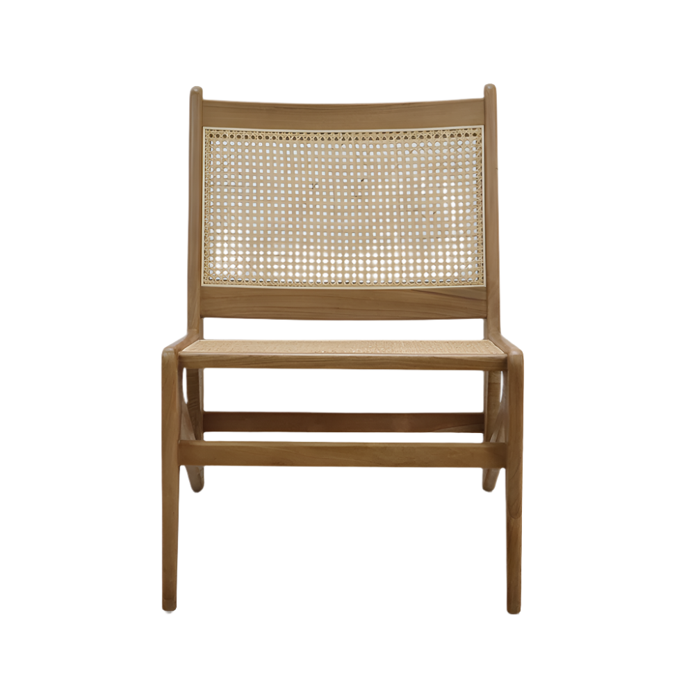 Front view of an armless mid-century modern lounge chair with a warm teak solid wood frame and natural cane woven back and seat.