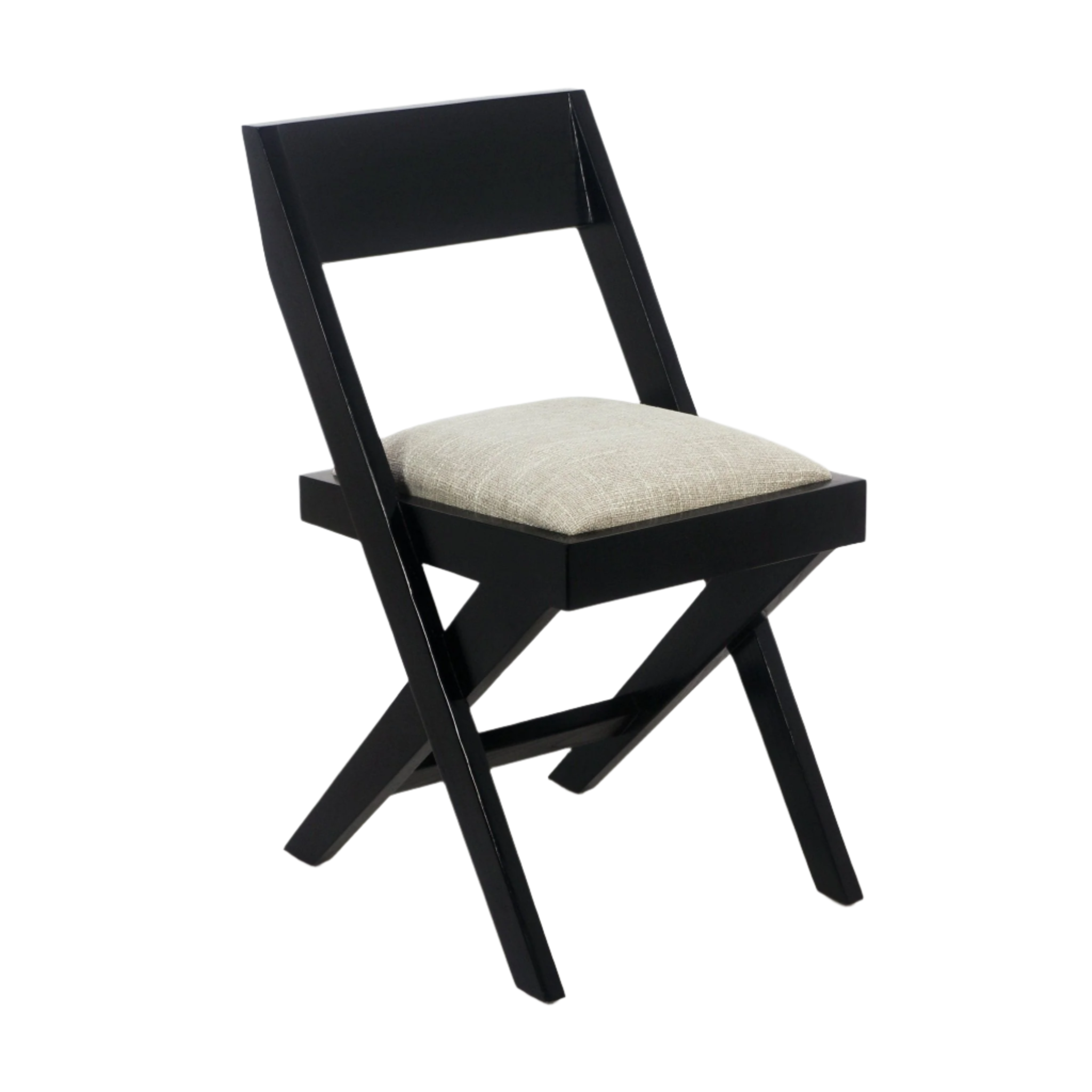 Black wood side chair with X-shaped legs and a light beige upholstered fabric cushion, modern mid-century style dining chair shown on a white background.