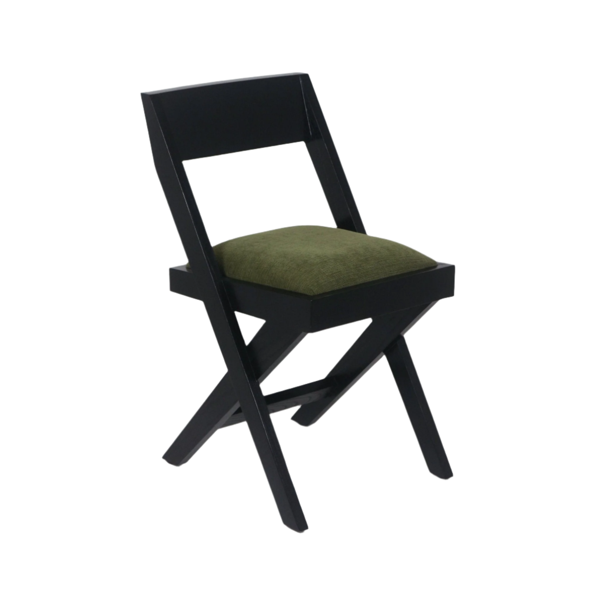 Armless side chair with a black wooden frame and angled X-style legs, topped with a green chenille upholstered seat cushion on a white background.