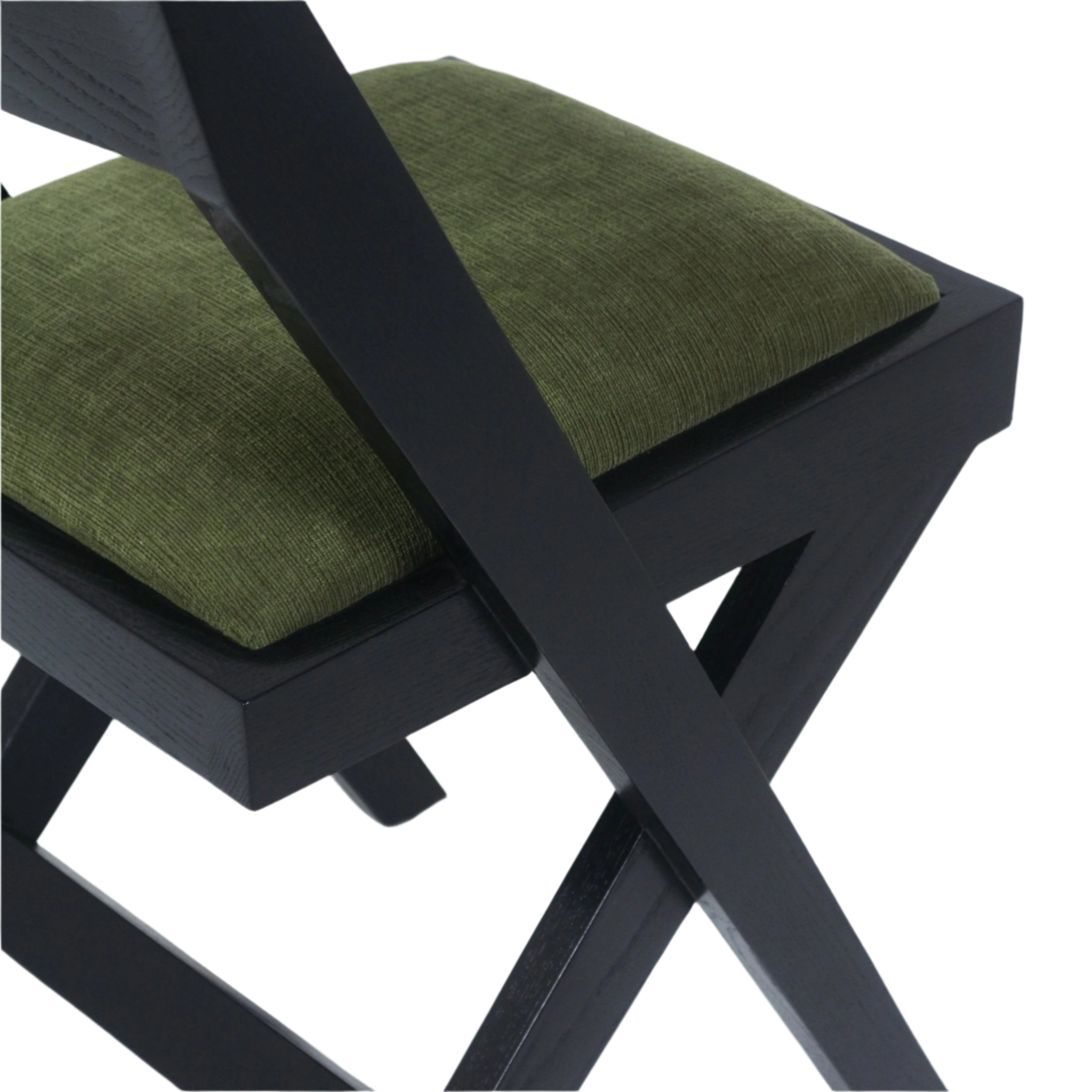 Close-up of a side chair seat showing an olive-green chenille upholstered cushion resting on a black semi-gloss wooden X-leg frame.