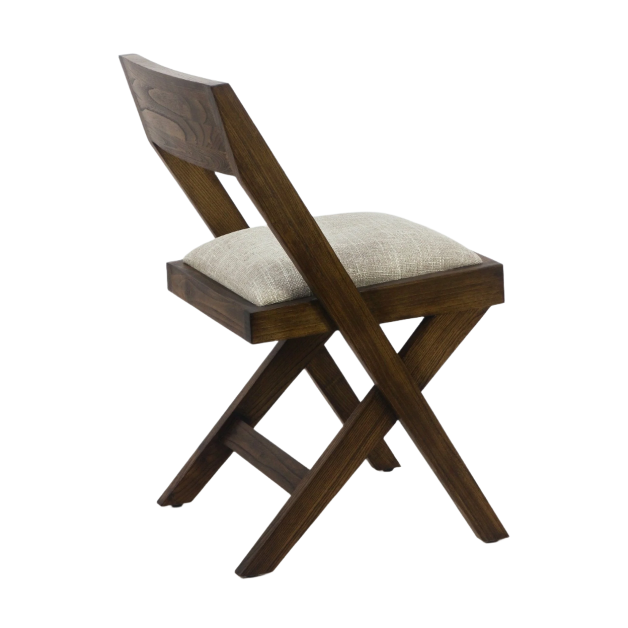 Side view of a mid-century modern side chair with warm teak wood X-frame legs, angled wooden back and a beige upholstered seat cushion with a linen-like texture on a white background.