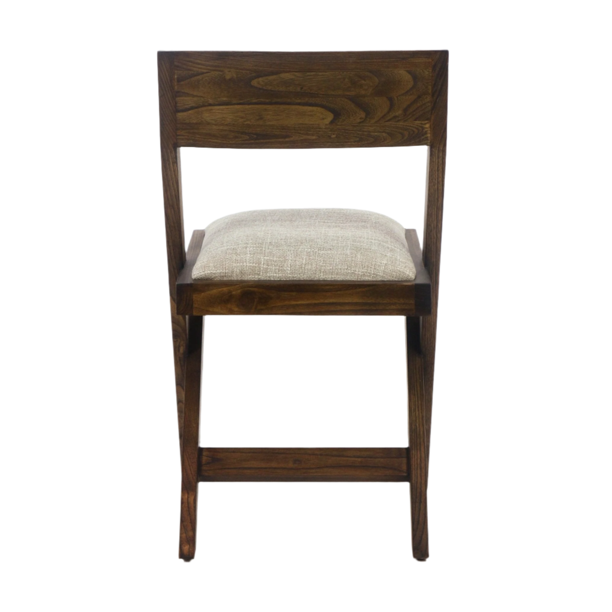 Front view of a midcentury modern side chair with a medium-brown natural wood frame and a beige upholstered seat cushion, featuring a rectangular backrest and straight tapered legs.