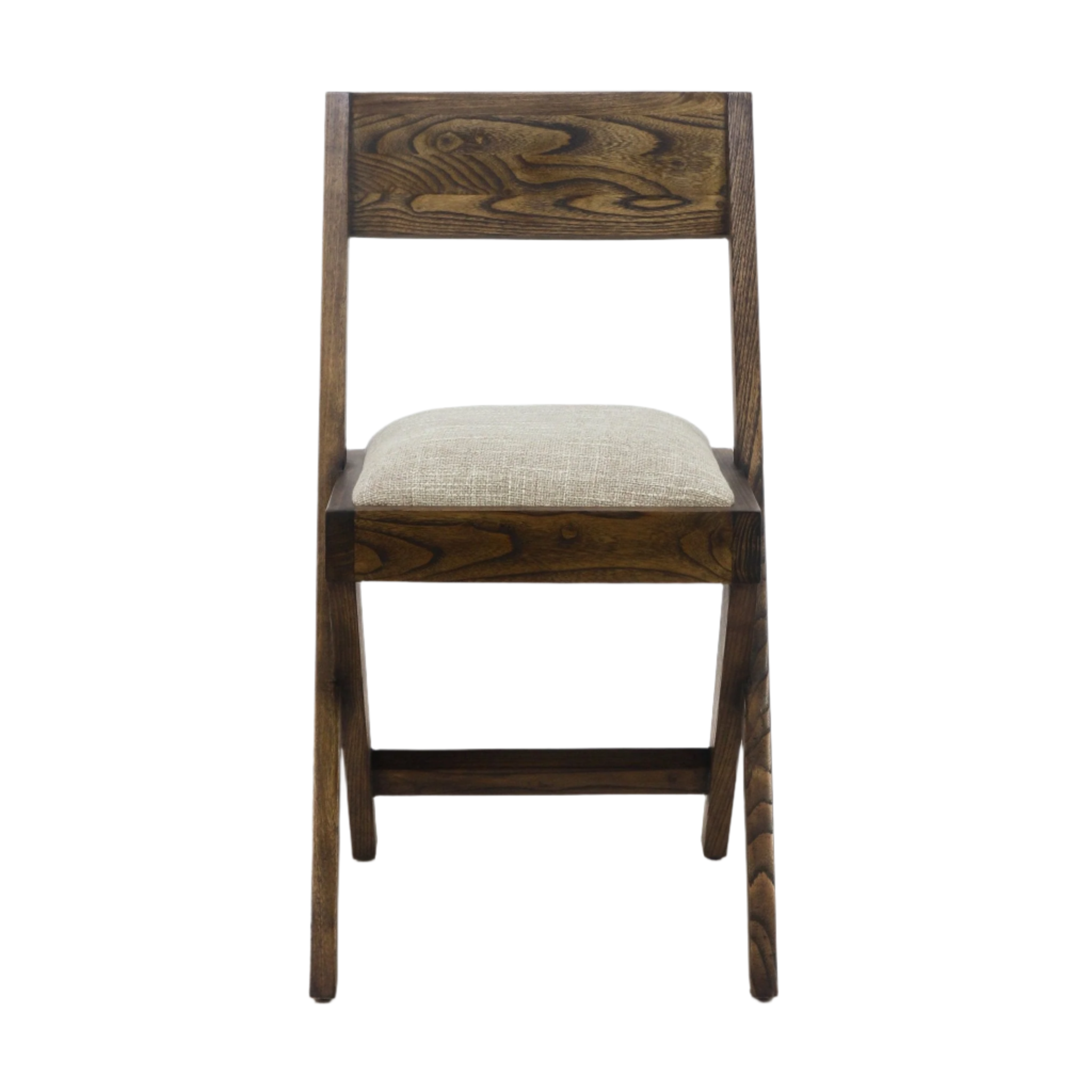 Front view of a mid-century modern side chair with a natural wood frame and visible grain, beige upholstered cushion, rectangular backrest and angled legs on a white background.