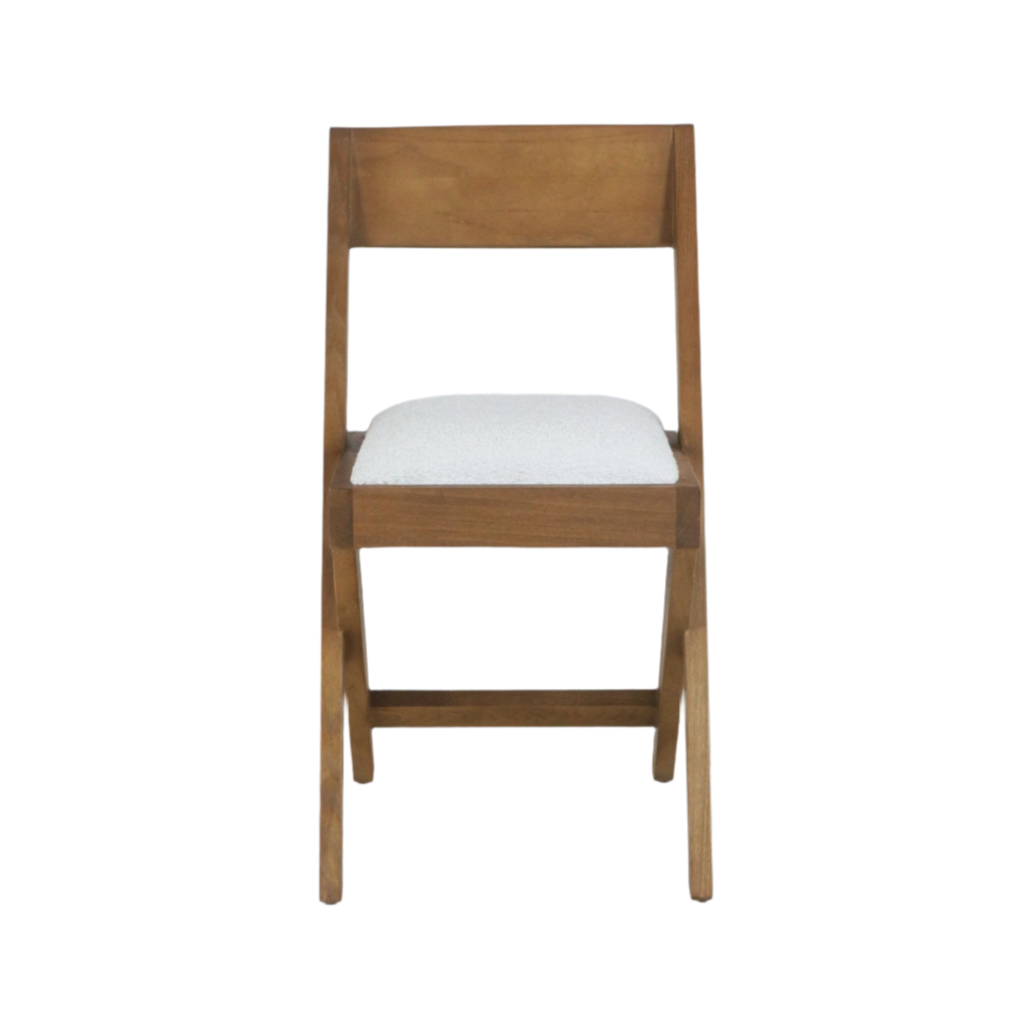 Front view of a mid-century modern side chair in warm teak natural wood with a white boucle upholstered seat cushion and a low rectangular back.