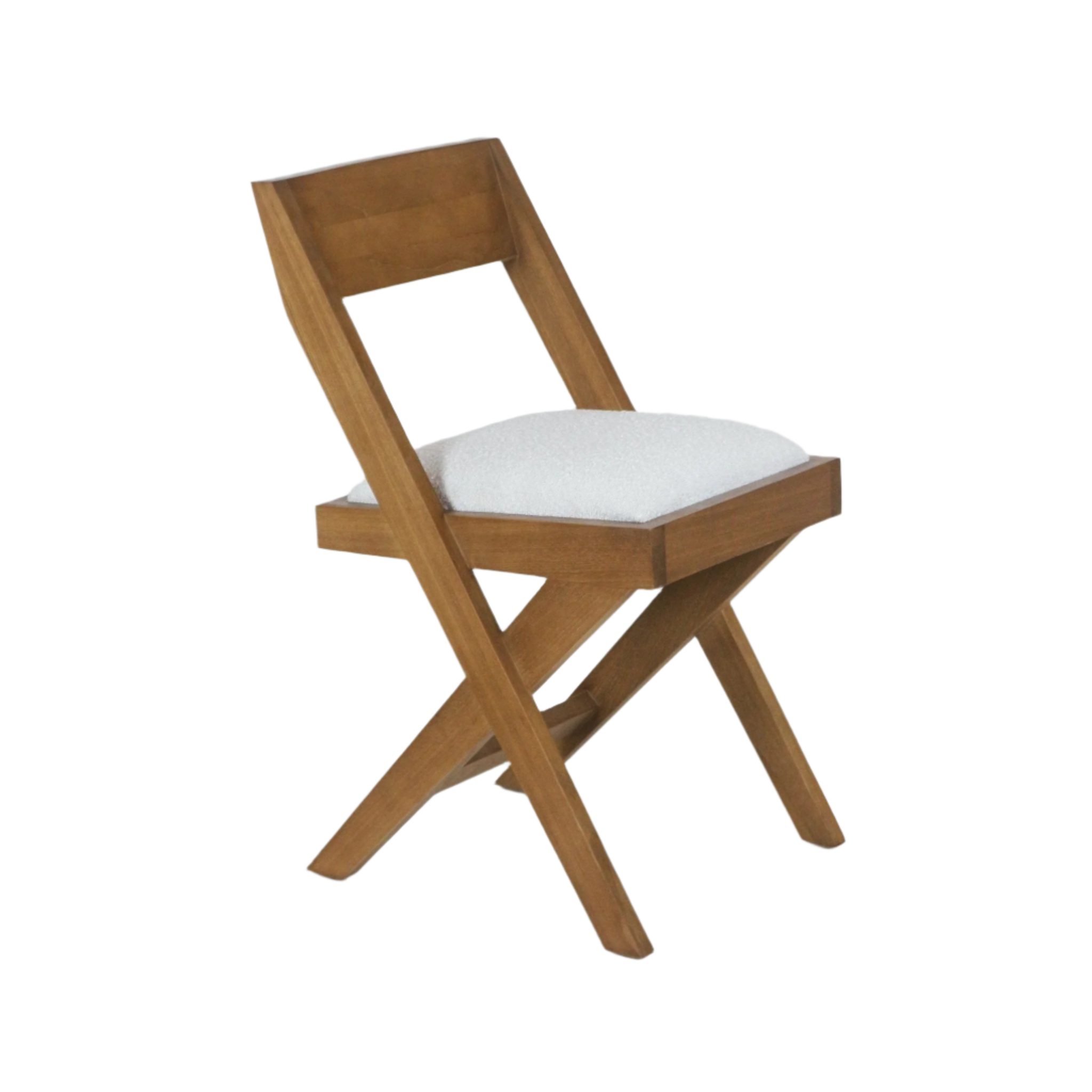 Armless side chair with a warm teak wood frame and X-shaped legs, angled backrest and a white boucle upholstered cushion in a mid-century modern style.