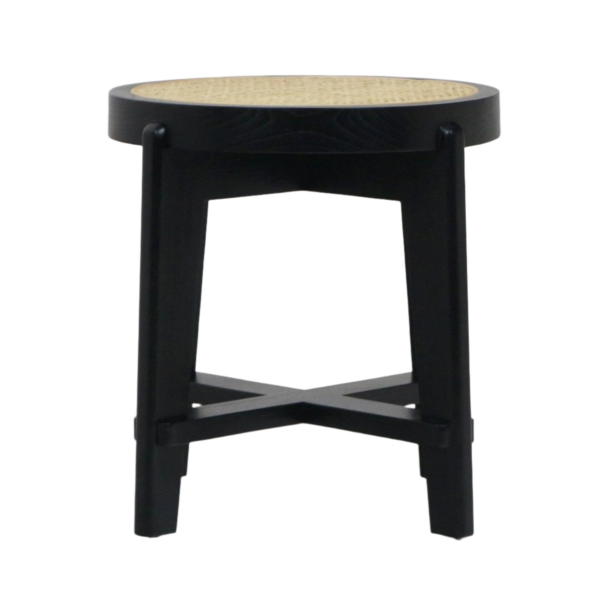 Round mid-century modern stool with a black solid wood frame and natural woven cane seat, tapered legs and an X-shaped stretcher, shown on a white background as a side table or accent stool.