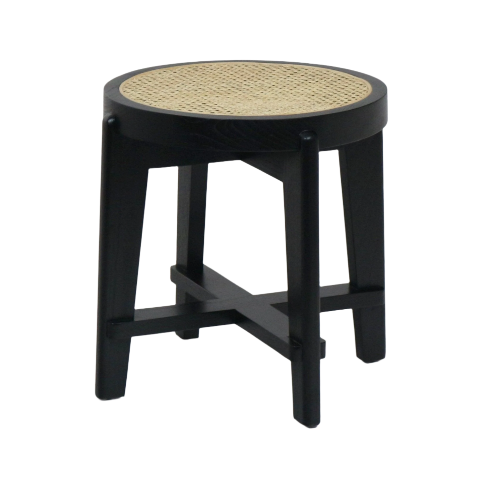 Backless round stool with a natural woven cane seat set into a black solid wood frame with tapered legs and crossed stretchers, displayed on a white background.
