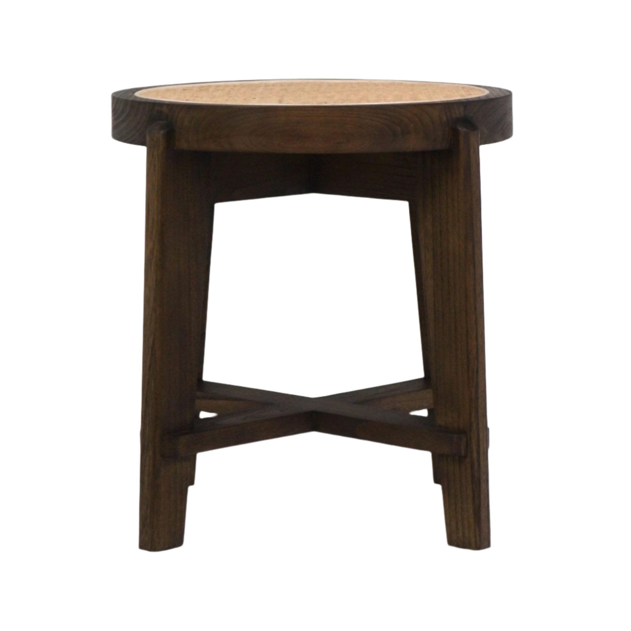 Round midcentury-style solid wood stool with a natural cane inset top, medium-brown tapered legs and X-shaped stretcher, shown on a white background.