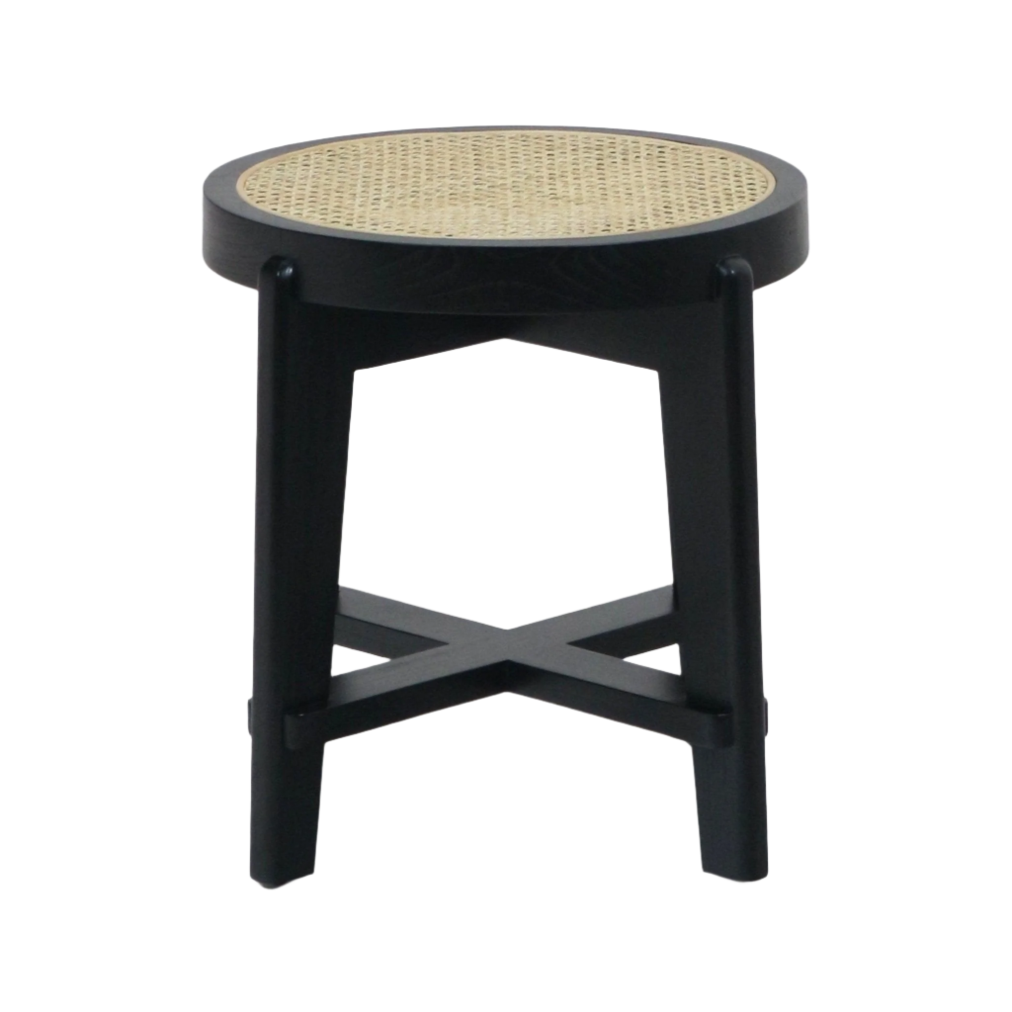 Round accent stool with a natural woven cane inset seat set into a black solid wood frame, featuring splayed legs and an X-shaped cross-stretcher base in a mid-century modern style.