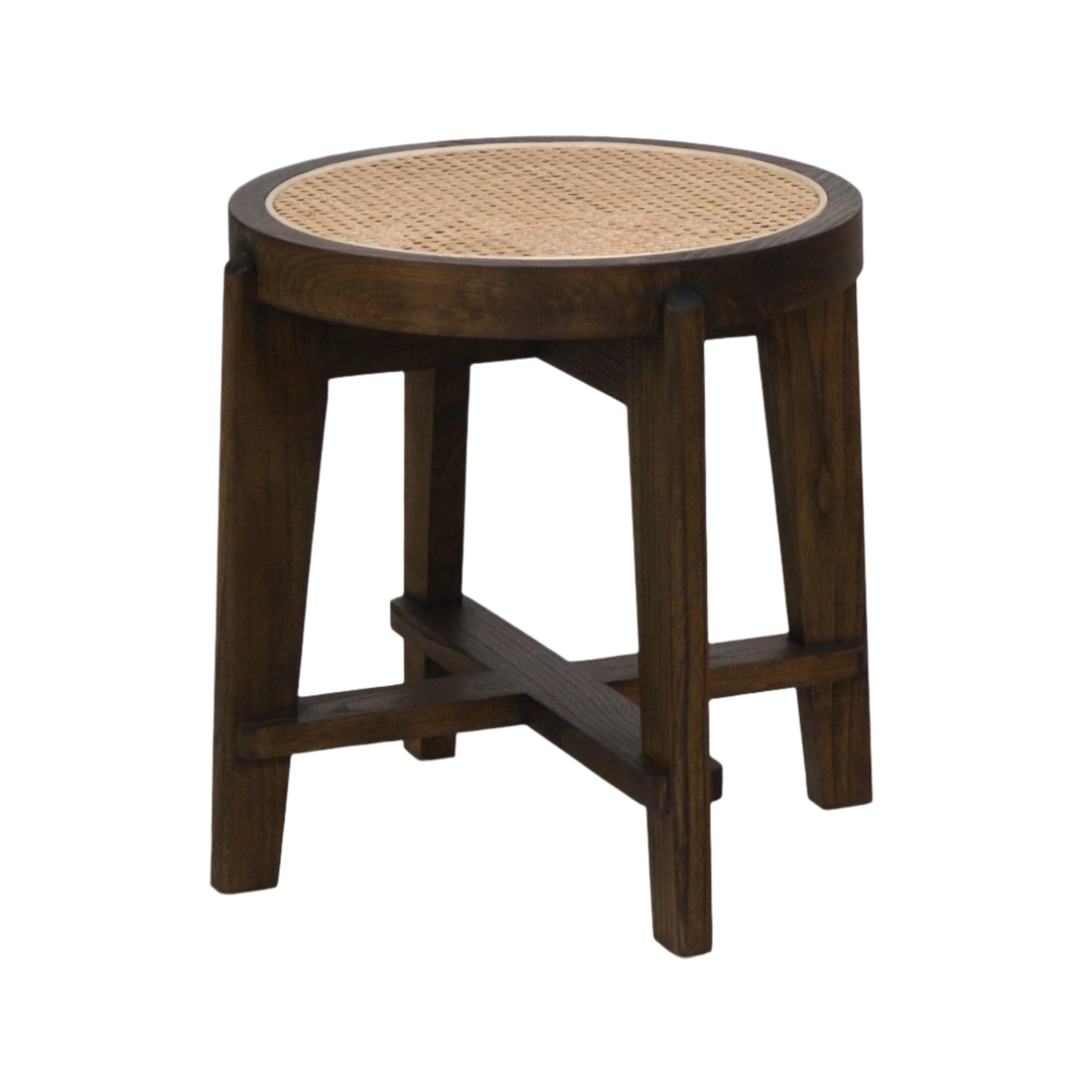 Round solid wood stool with a natural woven rattan cane seat, dark brown finish and four tapered legs connected by crossed stretchers, shown as a versatile side table or bedside stool.