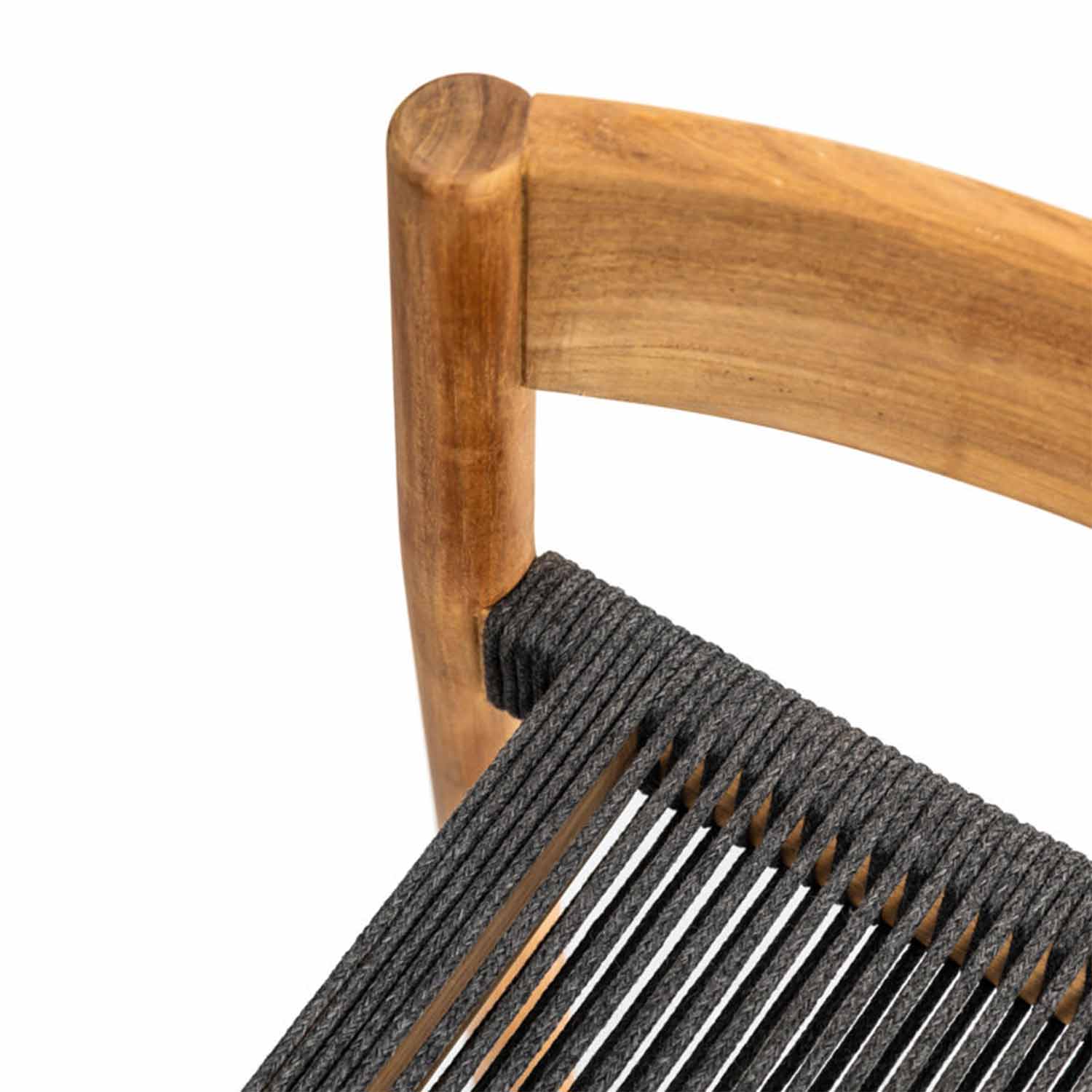 Close-up of a natural teak bar stool backpost and curved wooden backrest with tightly wrapped gray rope forming a woven seat.