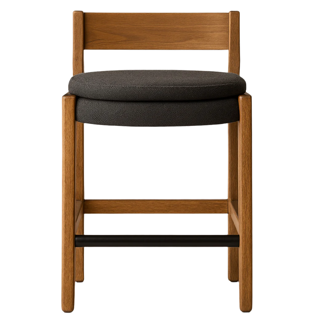 Front view of an armless outdoor bar stool with a natural teak frame, low rectangular back, gray fabric upholstered round seat and a black metal footrest, ideal for coastal contemporary kitchen or island seating.