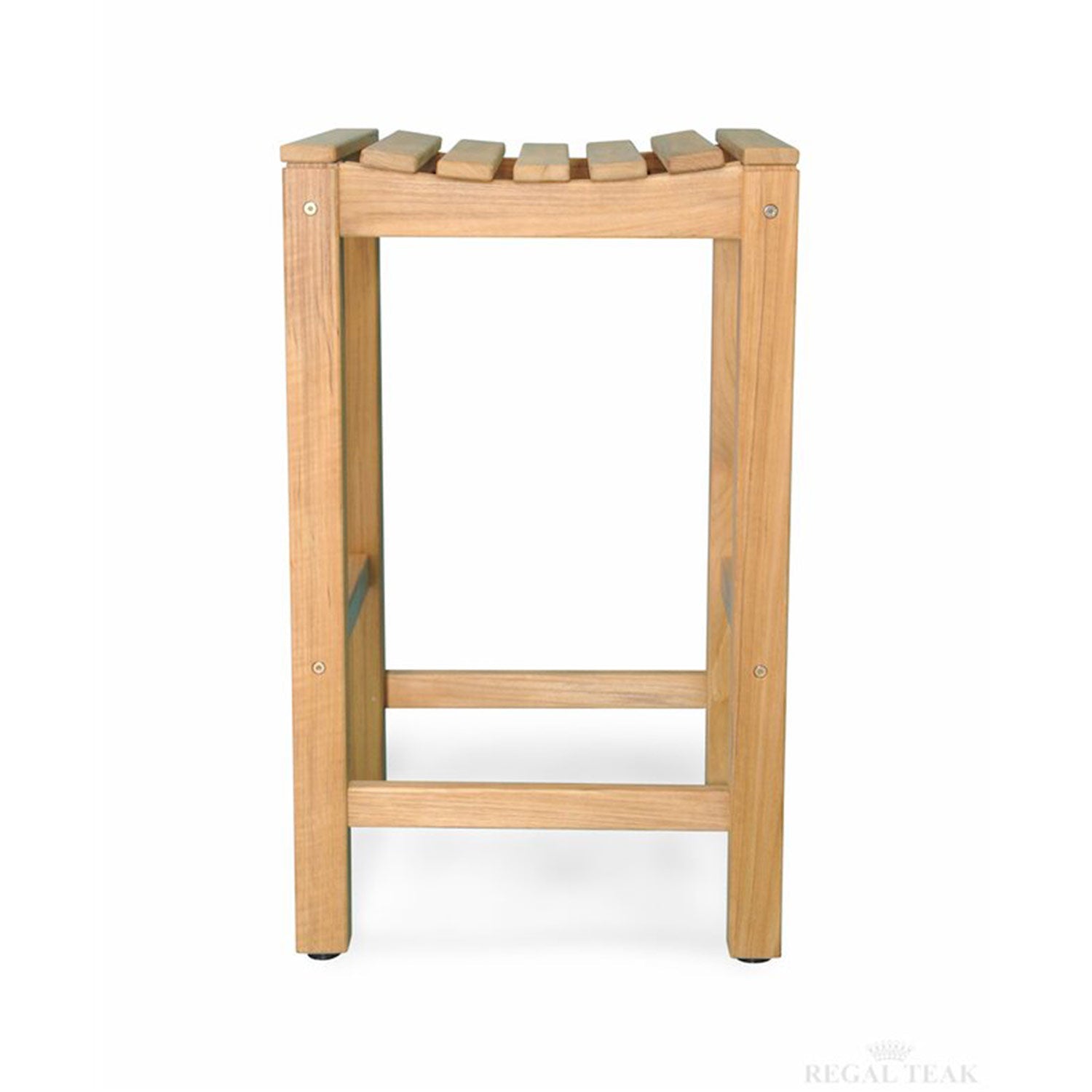 Backless outdoor bar stool made from natural teak with a curved slatted seat, squared legs and a horizontal footrest, shown against a white background.