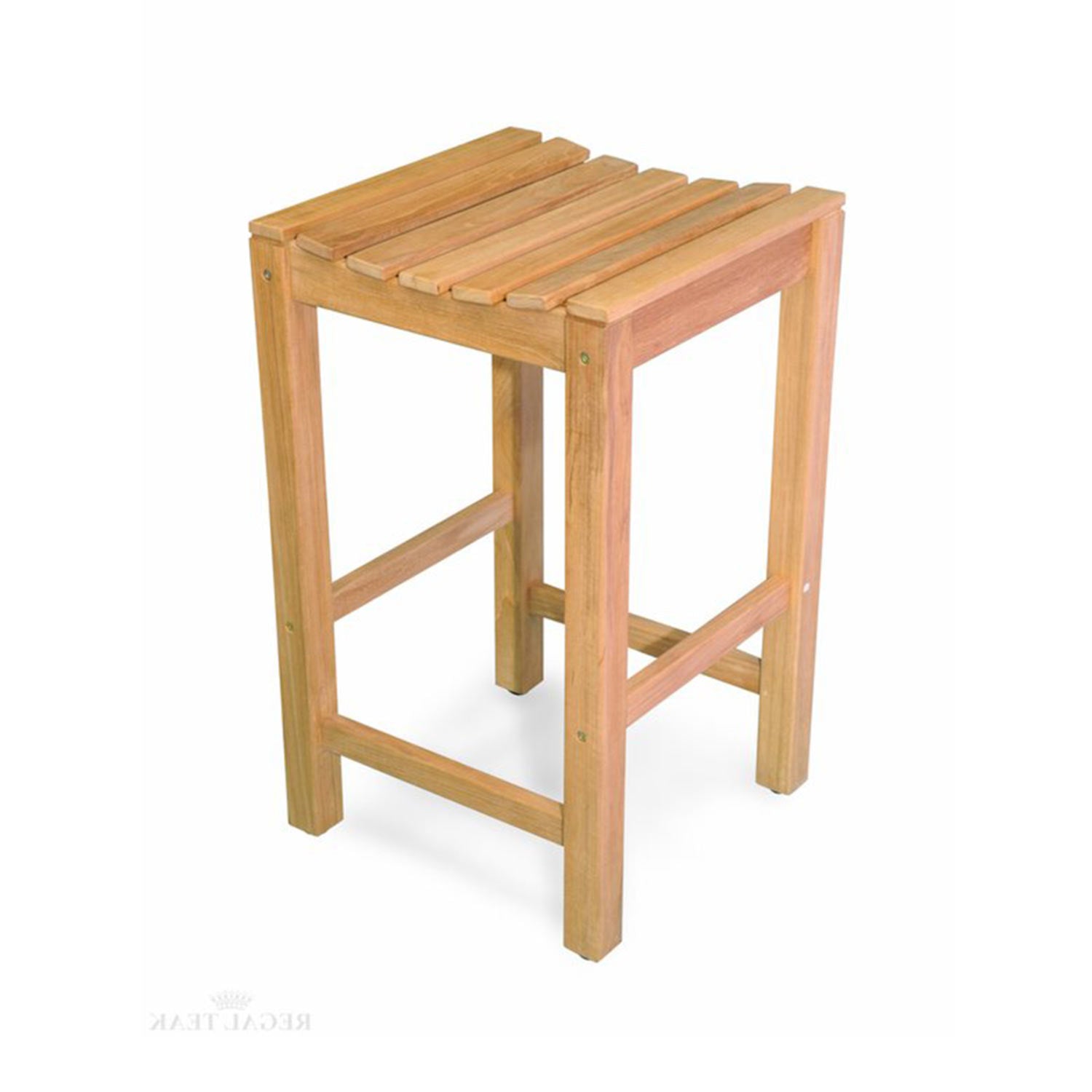Backless outdoor bar stool crafted from natural teak with a slatted square seat, straight legs and crossbar footrests in a coastal style.