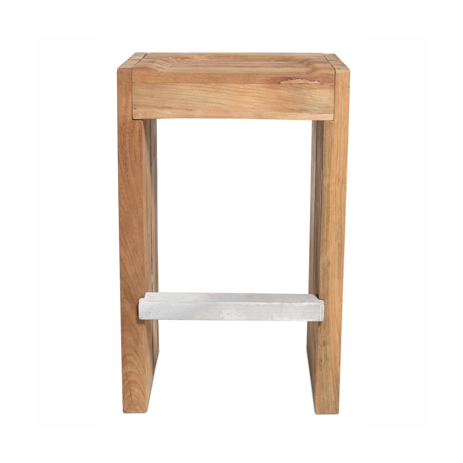 Front-facing backless bar stool in natural teak with a rectangular carved seat and straight legs, featuring a silver metal footrest across the front; coastal-modern, minimalist design for outdoor or kitchen island use.