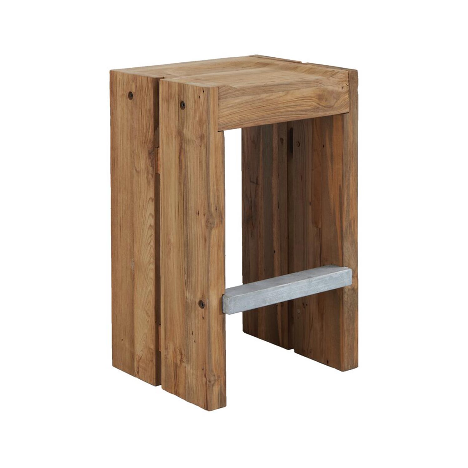 Backless outdoor bar stool crafted from natural teak planks with visible wood grain and a galvanized metal footrest, minimalist coastal-industrial design for counter or island seating.