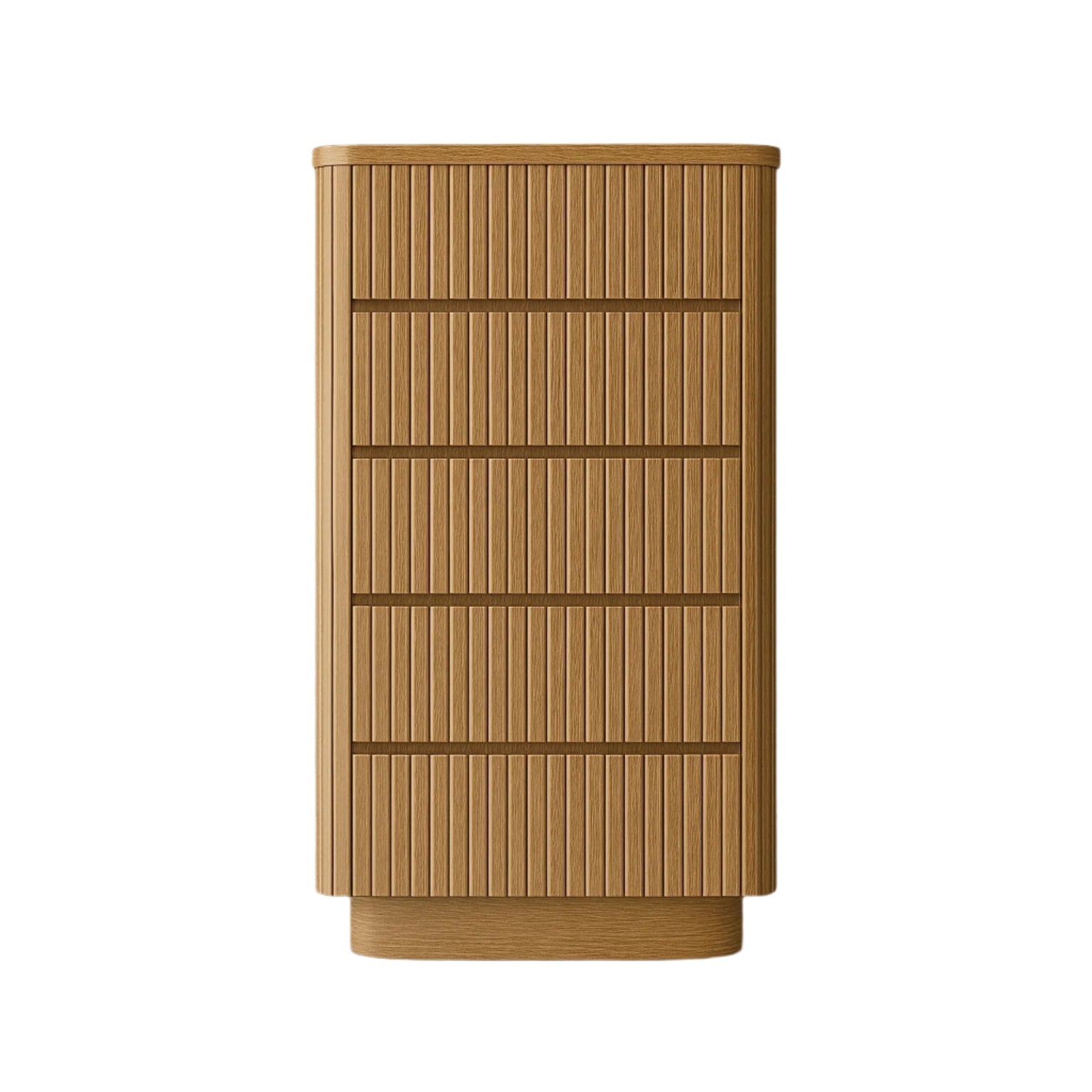 Tall modern dresser in natural oak with fluted vertical slats across the drawer fronts, recessed horizontal reveals between drawers, rounded corners and base, finished in a warm natural wood tone for a minimalist look.