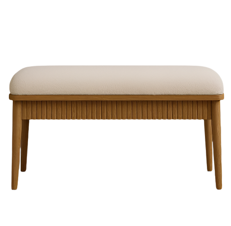 Modern oak end-of-bed bench with a natural oak fluted wood base and tapered legs, topped with a light beige upholstered cushion.