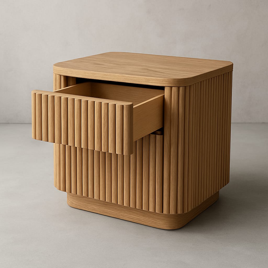 Solid oak nightstand in a natural finish with rounded corners, vertical fluted front and a partially open drawer revealing interior storage; modern mid-century silhouette on a low plinth base.