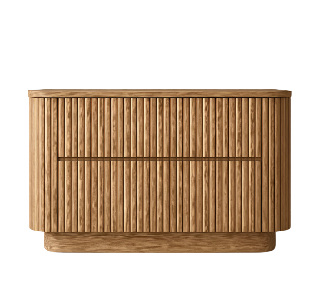 Front view of a natural oak fluted two-drawer nightstand with vertical ribbed slats, rounded corners, recessed drawer gaps and a low plinth base in a modern mid-century style.