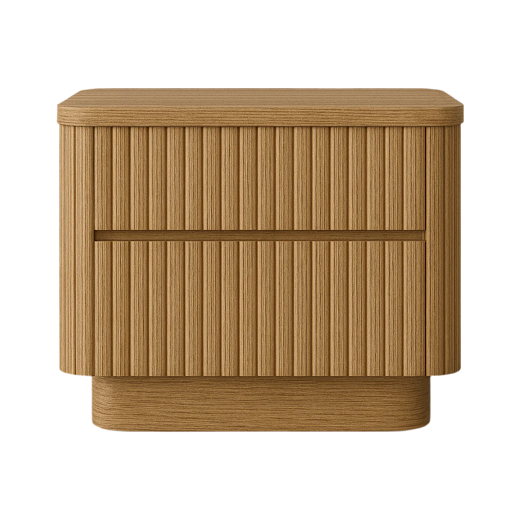 Front view of a solid oak fluted nightstand in a natural oak finish, featuring rounded corners, two flush drawers with vertical fluted panels and a recessed plinth base for a modern mid-century silhouette.