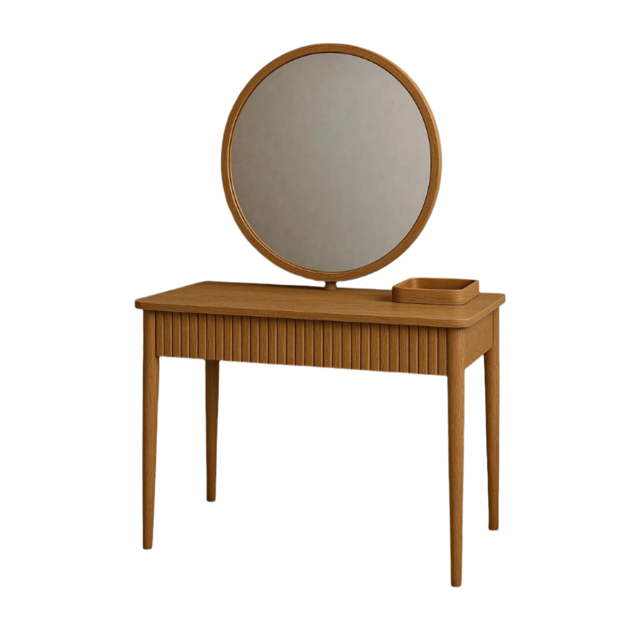 Solid oak fluted vanity in a natural finish, featuring a round mirror, tapered legs and a small matching tray for streamlined bedroom or vanity styling.