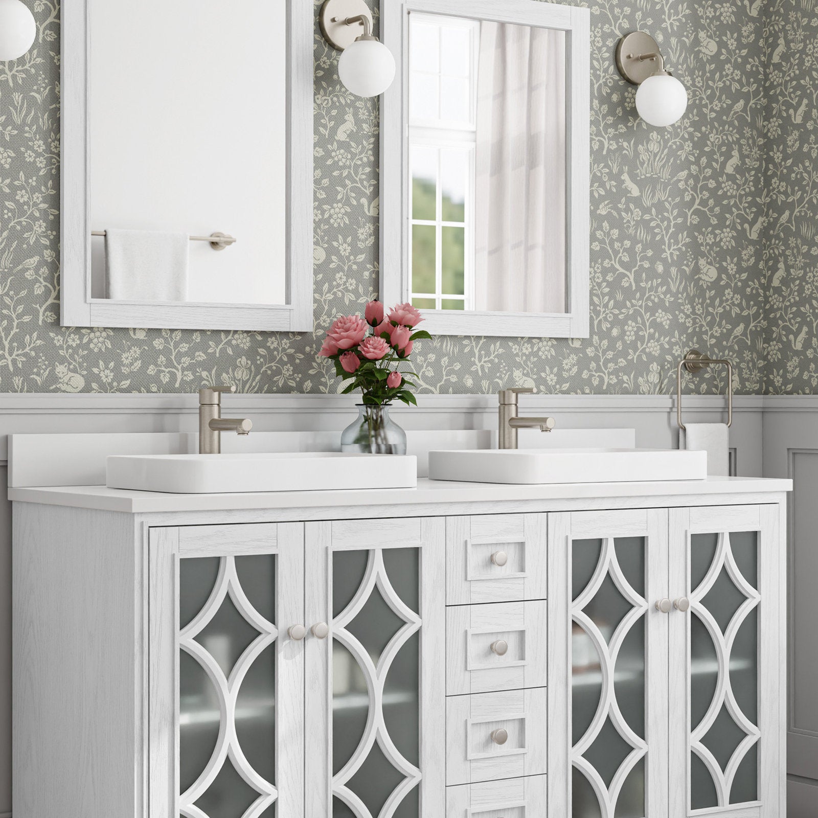 Modern stone-top 60-inch freestanding double bathroom vanity in whitewashed solid wood with decorative frosted-glass cabinet doors, two rectangular white ceramic vessel sinks, brushed nickel faucets and a vase of pink flowers.