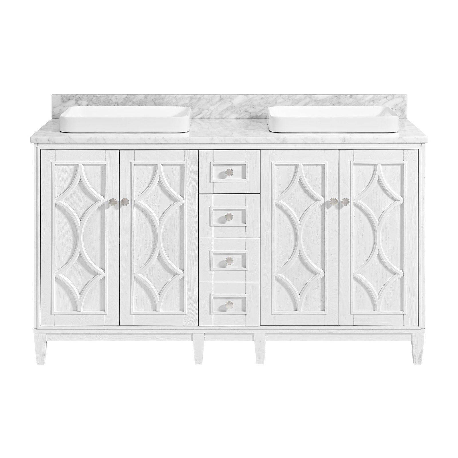 Front view of a 60-inch modern freestanding white solid wood bathroom vanity with carved paneled doors, five central drawers with round metal knobs, a stone marble top and two rectangular white ceramic vessel sinks.