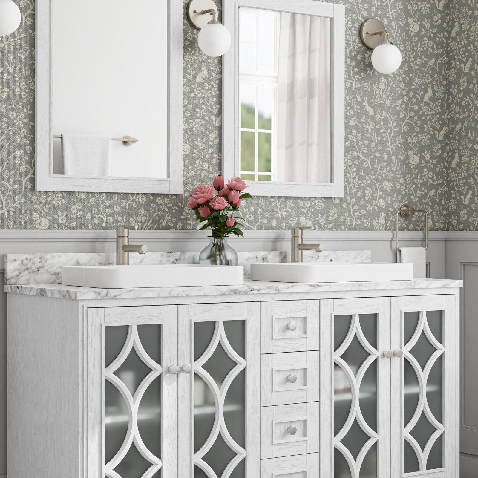 Modern white solid-wood 60-inch double-sink bathroom vanity with stone countertop, two rectangular ceramic vessel sinks, brushed-nickel faucets, decorative frosted glass cabinet doors, framed mirrors and pink flowers in vase.