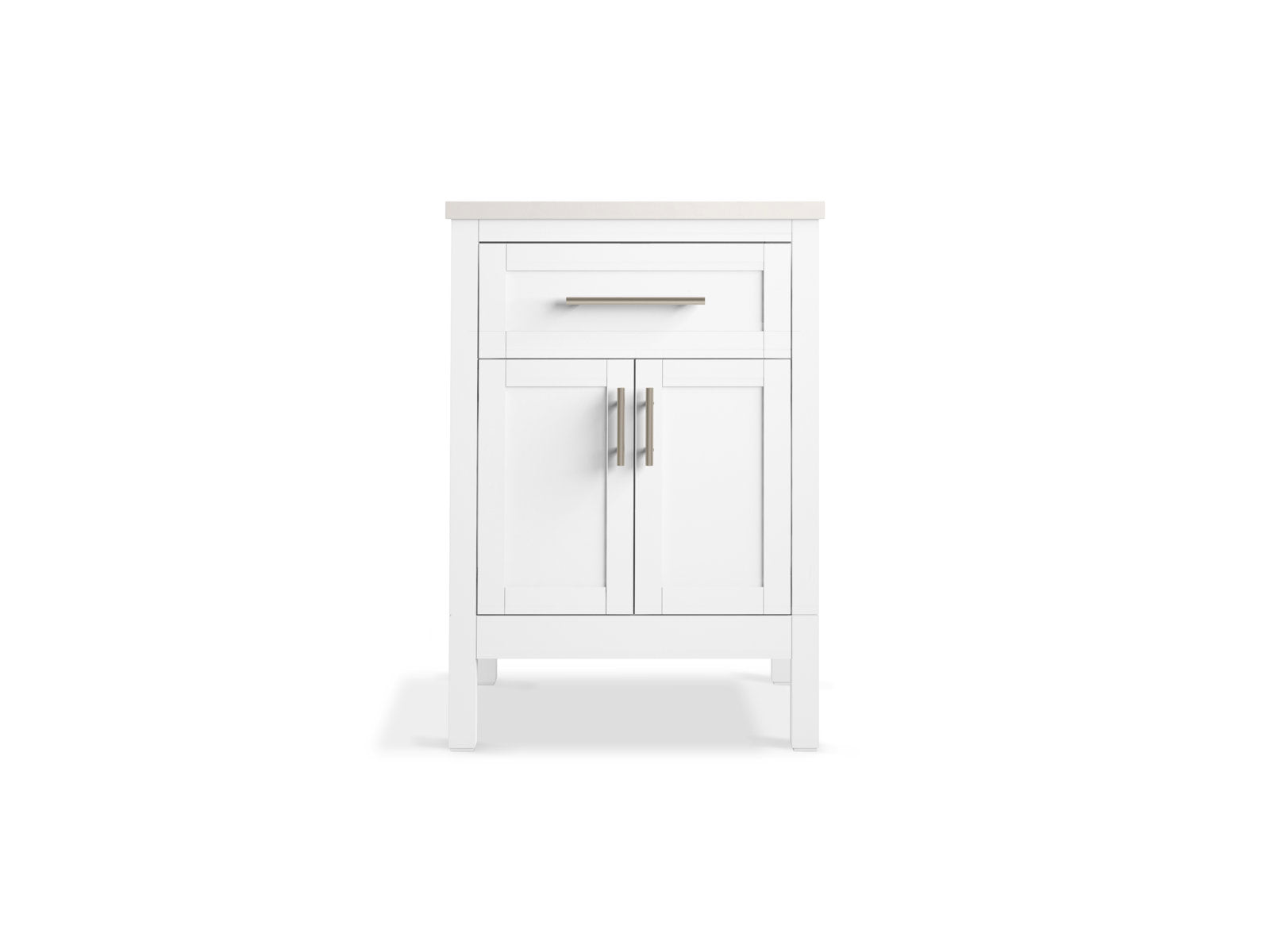 25-inch freestanding modern solid wood bathroom vanity in stone finish with a light stone countertop, one centered drawer above a two-door cabinet, brushed metal bar pulls and squared legs.