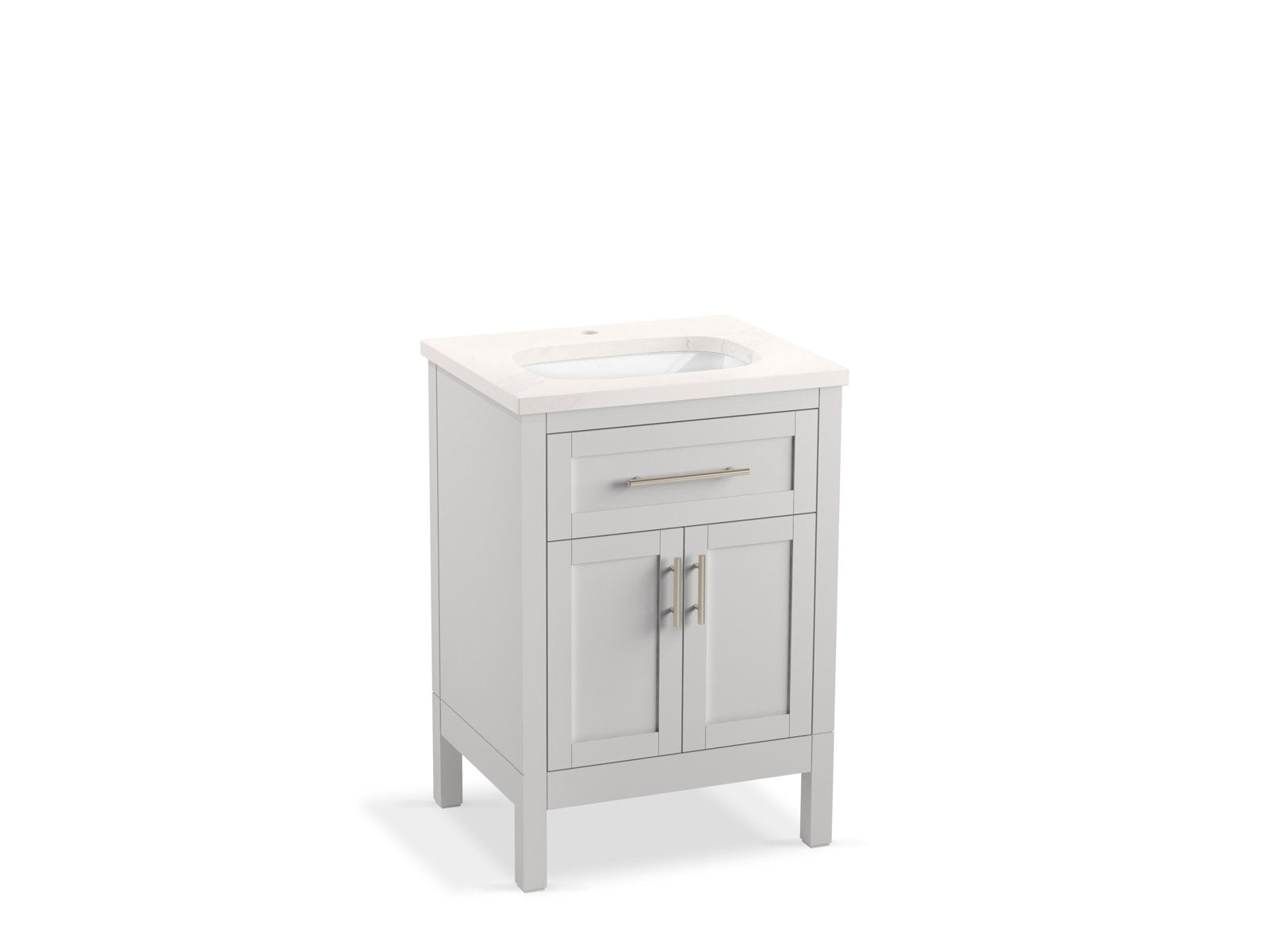 Freestanding stone-gray solid wood bathroom vanity with a white integrated ceramic sink, single top drawer above two shaker doors and brushed metal handles on four legs in a modern contemporary style.
