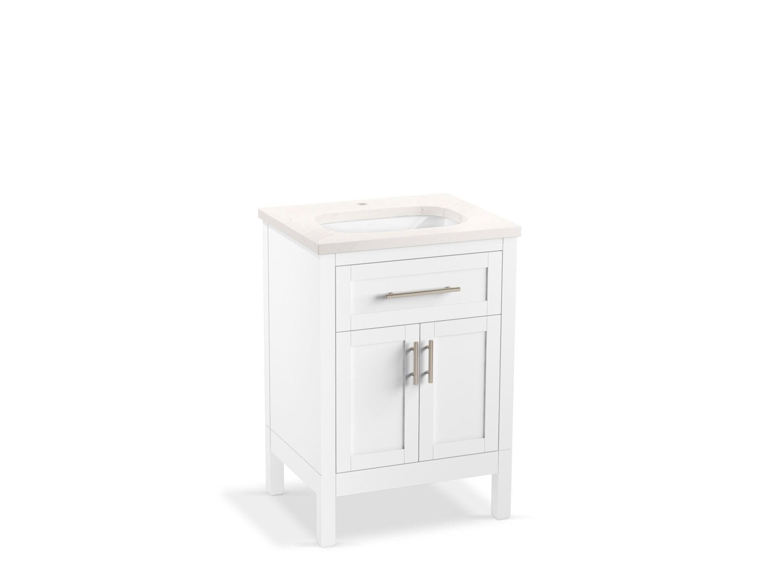 Freestanding modern single-sink bathroom vanity in white solid wood with a stone-colored countertop and integrated ceramic basin, featuring a top drawer and double-door cabinet with brushed metal pulls.