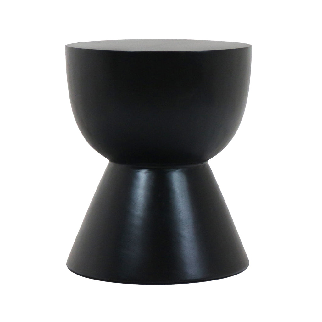 Matte black modern hourglass-shaped side table in solid wood with a round top and flared conical base, shown on a white background.