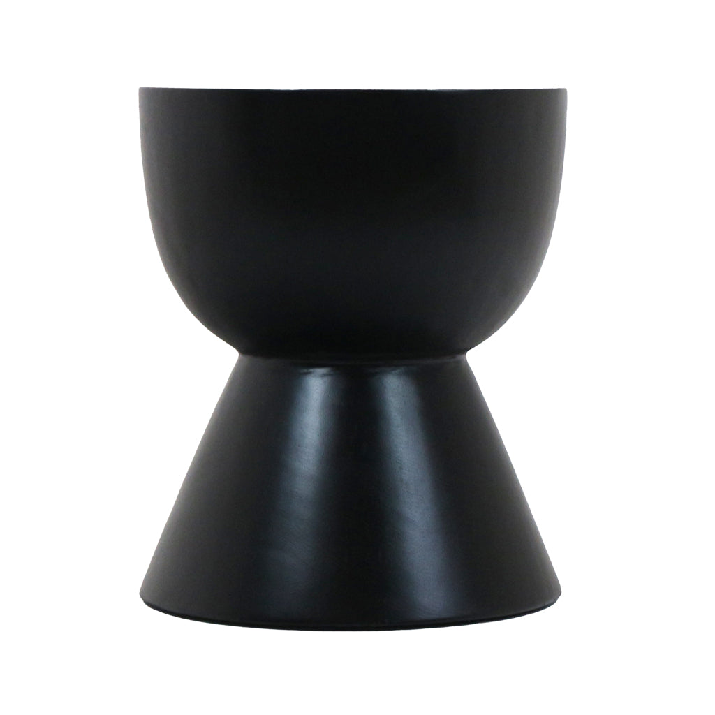 Contemporary natural wood side table with an hourglass base and rounded bowl top, photographed on a white background.