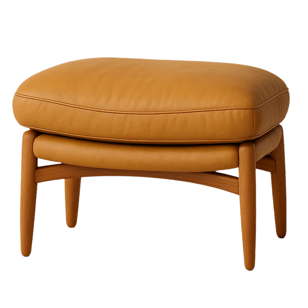 Beige-brown leather ottoman with a plush rounded cushion, piped seam detailing and solid wooden tapered legs in a modern contemporary style.