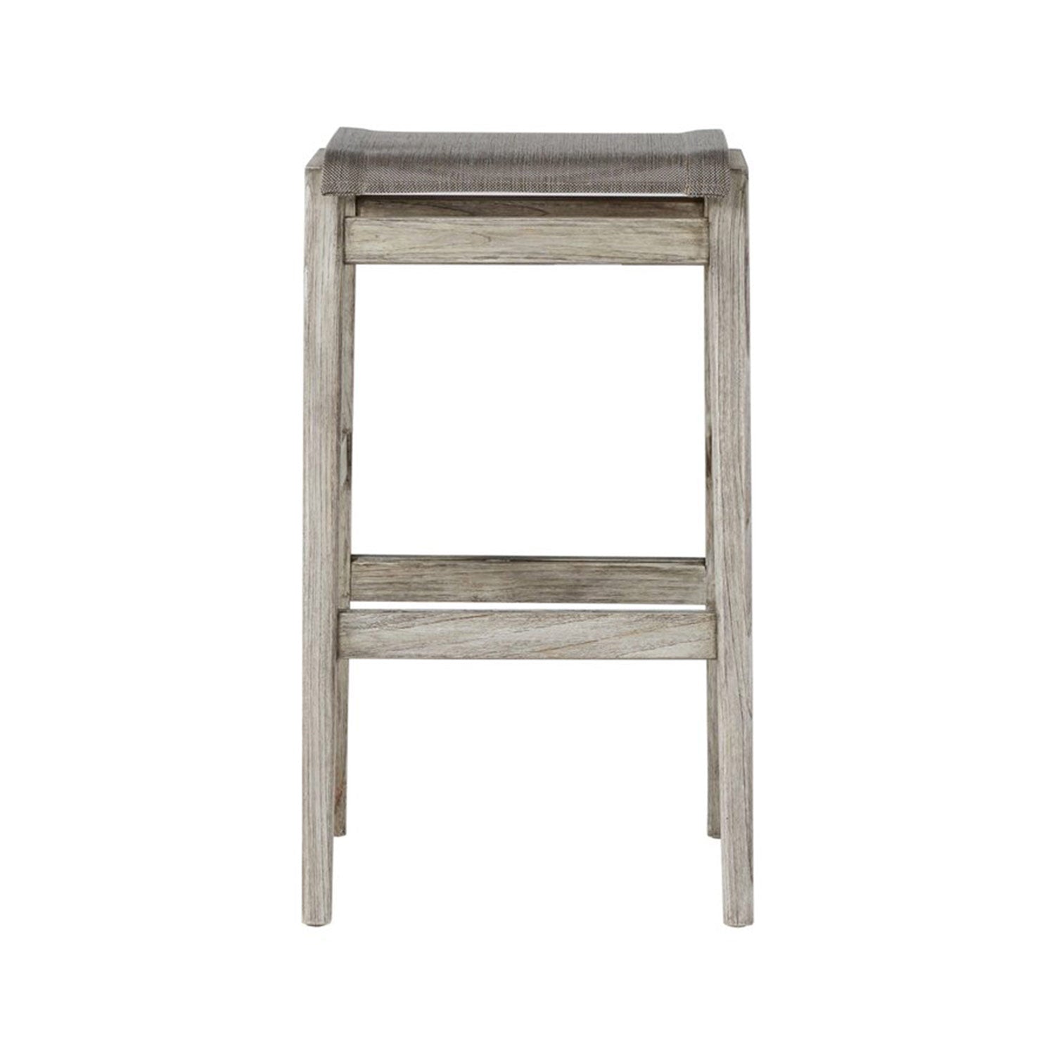 Front view of a backless outdoor bar stool with a natural teak frame and neutral canvas seat, minimalist coastal-contemporary design with square legs and a horizontal footrest.
