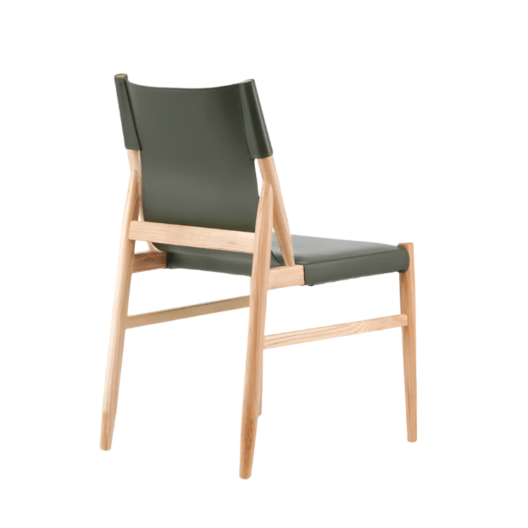 Armless side chair with olive faux-leather seat and backrest set on a natural ash wood frame, mid-century modern silhouette shown from a rear three-quarter view on a white background.