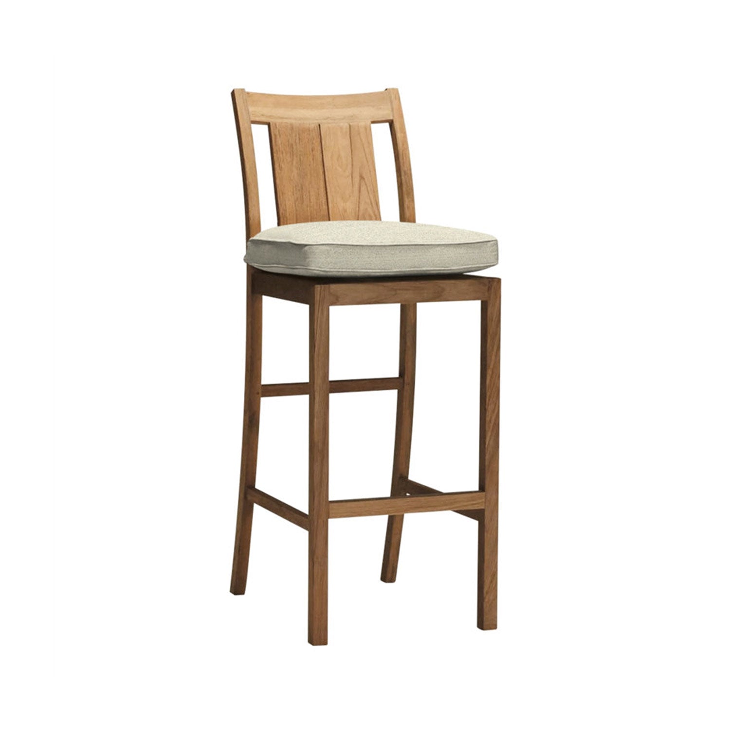 Armless teak outdoor bar stool in a natural finish with a curved slatted back, light beige seat cushion, solid wood angled legs and integrated footrest for counter-height coastal seating.