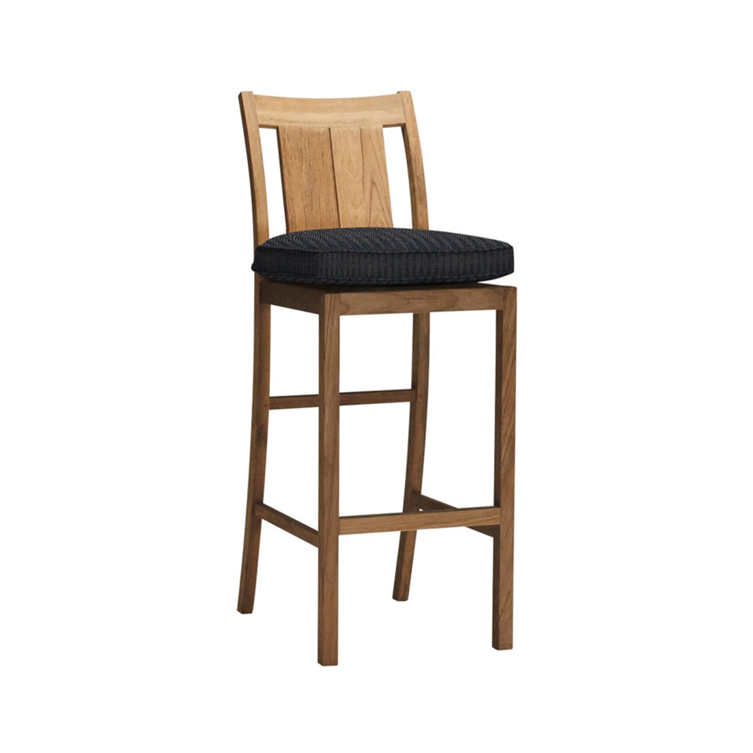 Armless teak outdoor bar stool with a gently curved slatted back, dark textured seat cushion and solid teak frame with a built-in footrest, finished in natural teak for a coastal look.