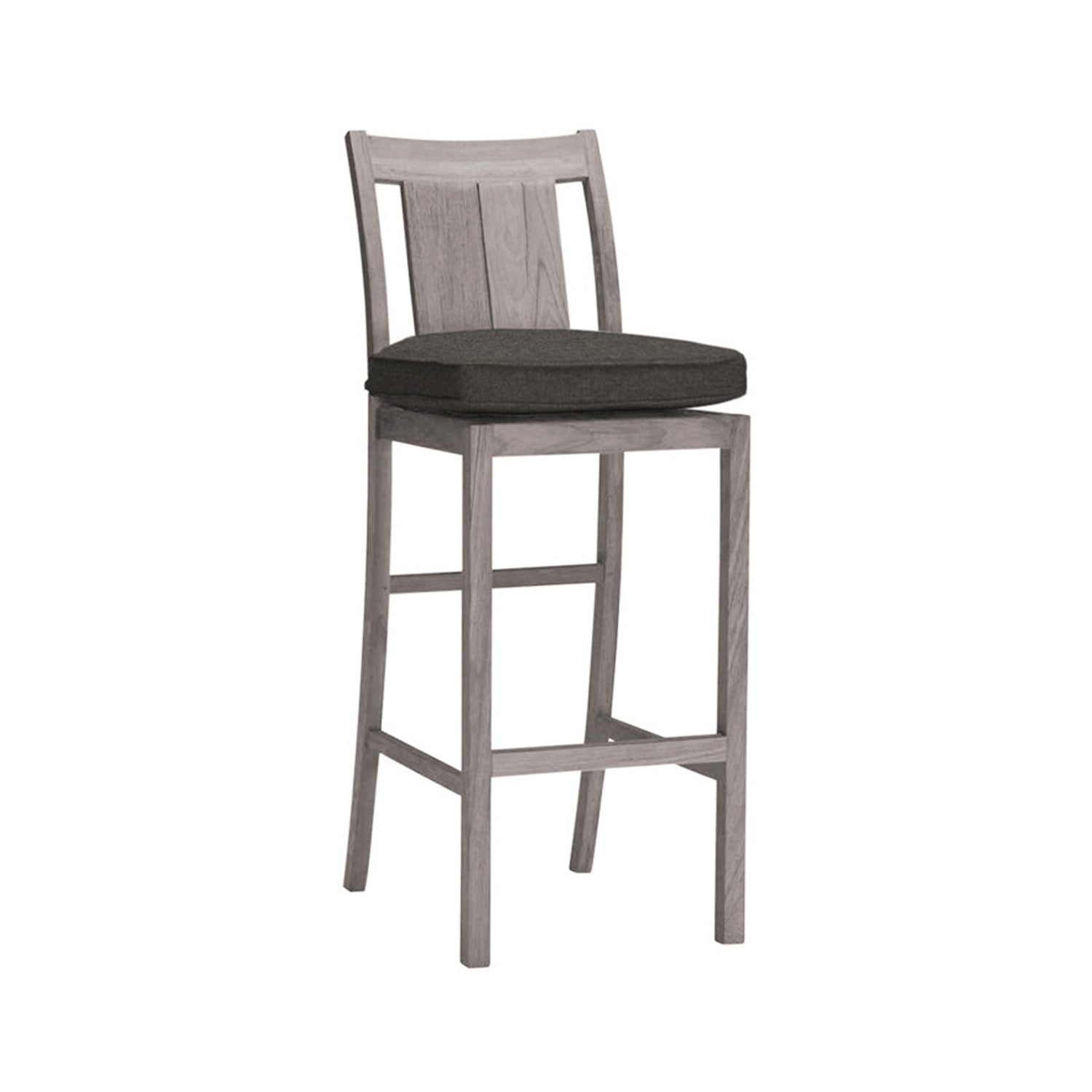 Armless teak outdoor bar stool with slatted back, natural teak wood frame, square tall legs with integrated footrest and a charcoal gray removable seat cushion.
