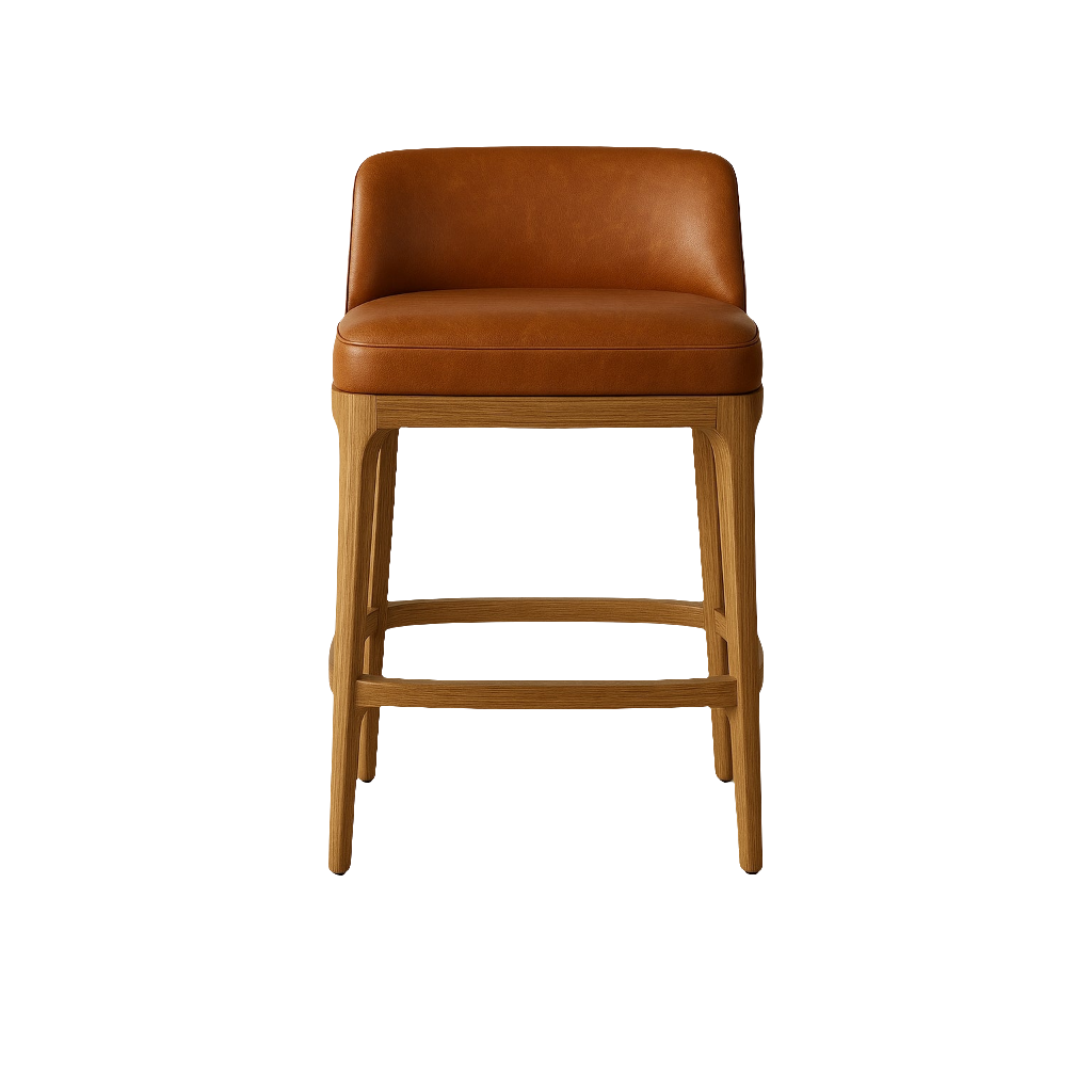 Front view of an armless contemporary bar stool with cognac leather cushioned seat and low back on a natural oak frame with tapered legs and integrated footrest.
